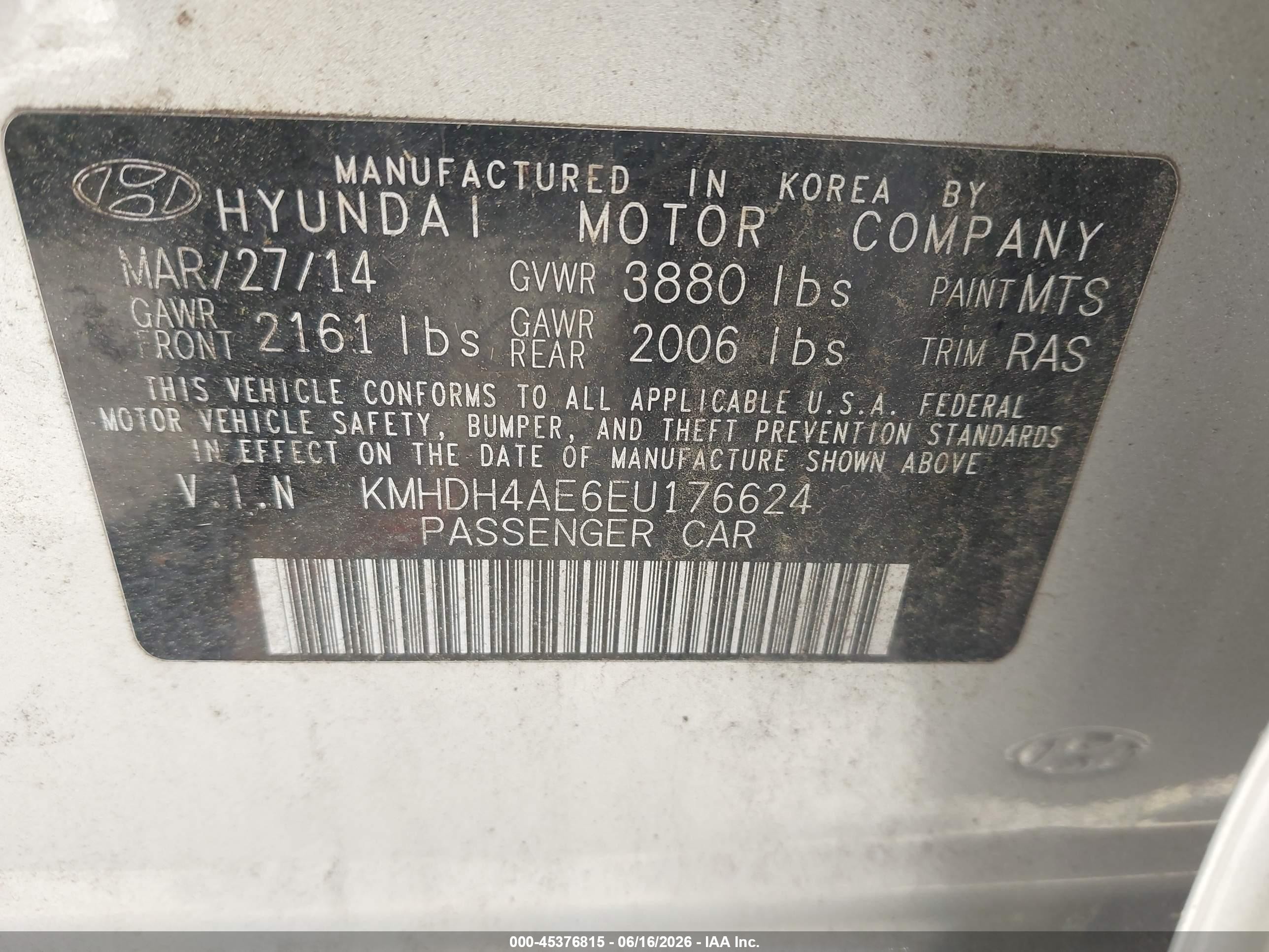 2014 Hyundai Elantra Se Silver vin: KMHDH4AE6EU176624