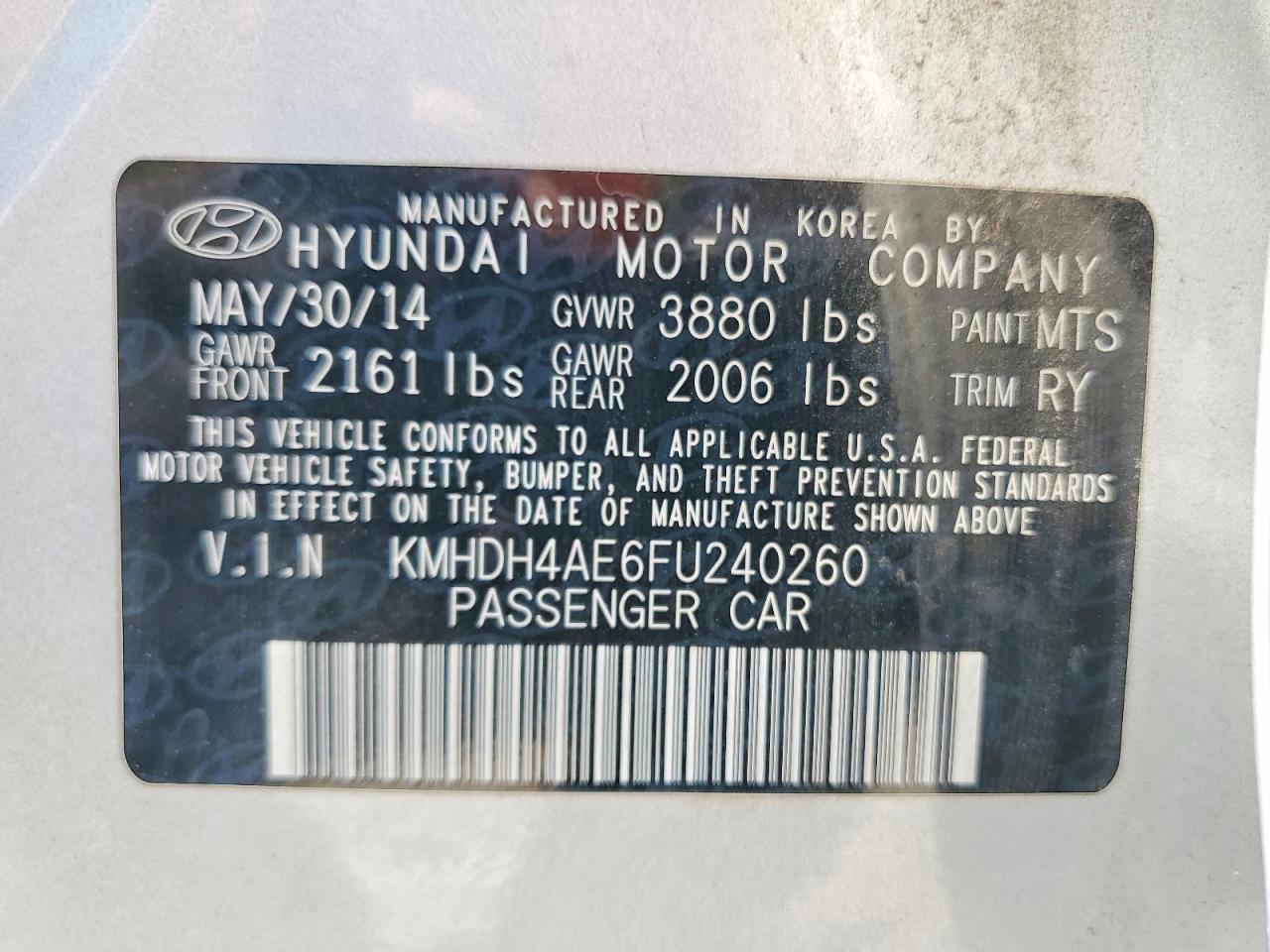 2015 Hyundai Elantra Se Silver vin: KMHDH4AE6FU240260