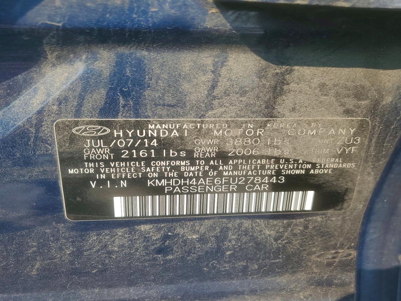 2015 Hyundai Elantra Se Blue vin: KMHDH4AE6FU278443
