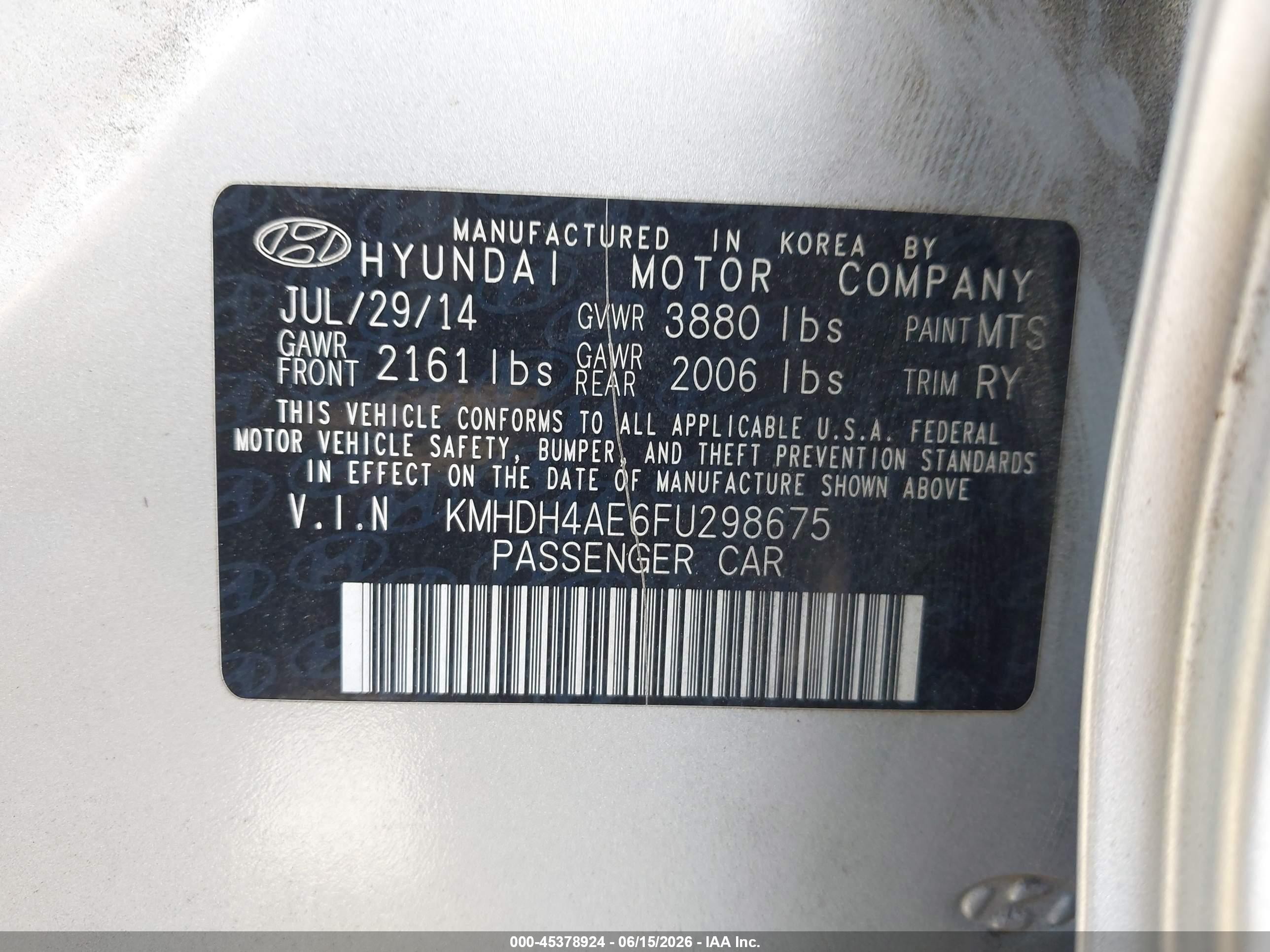 2015 Hyundai Elantra Se Gray vin: KMHDH4AE6FU298675