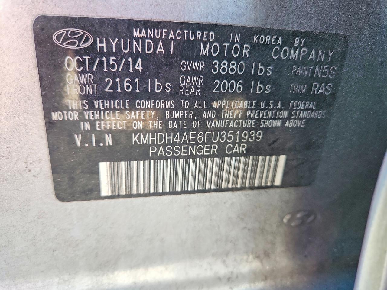 2015 Hyundai Elantra Se Gray vin: KMHDH4AE6FU351939
