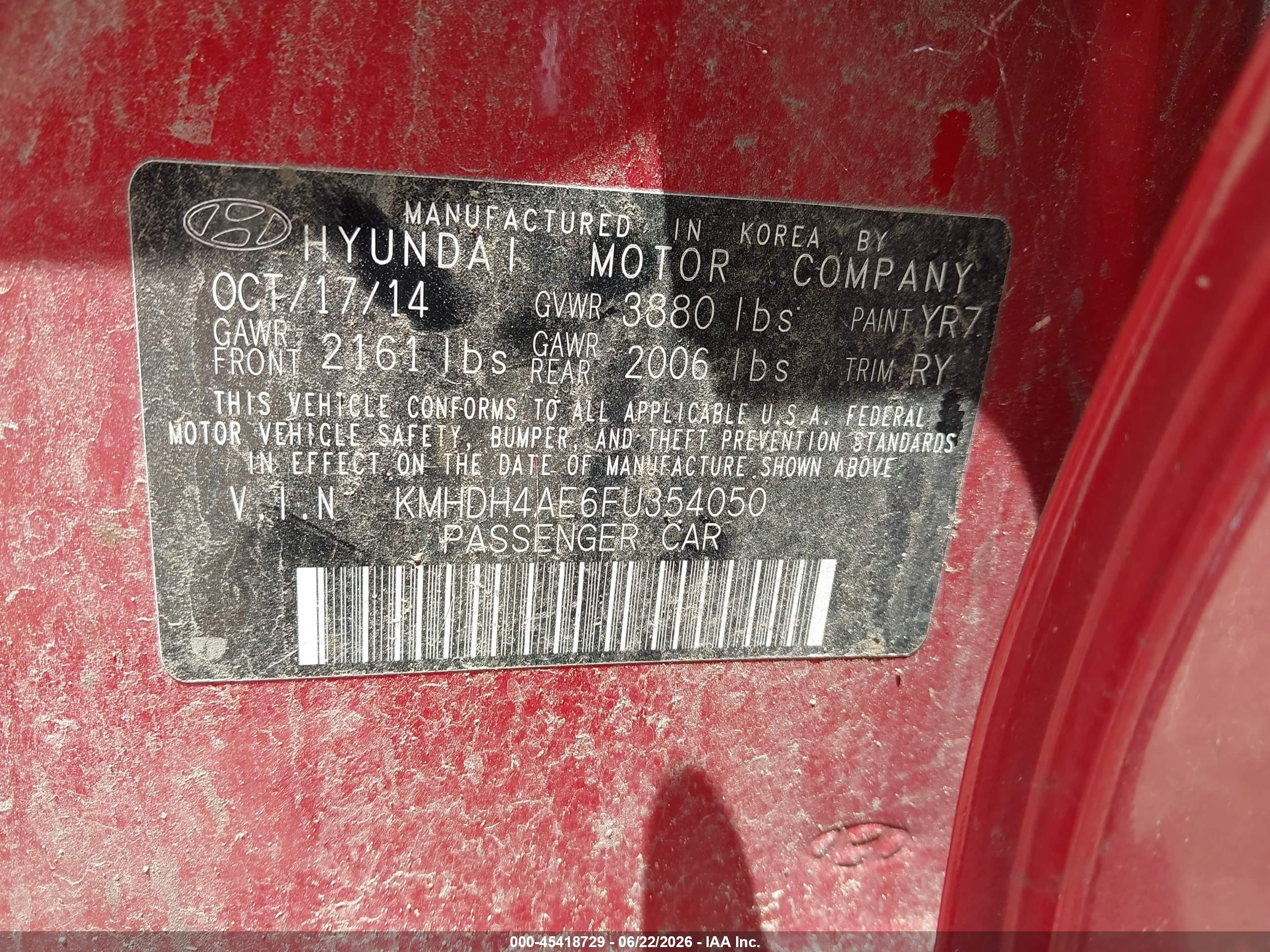 2015 Hyundai Elantra Se Red vin: KMHDH4AE6FU354050