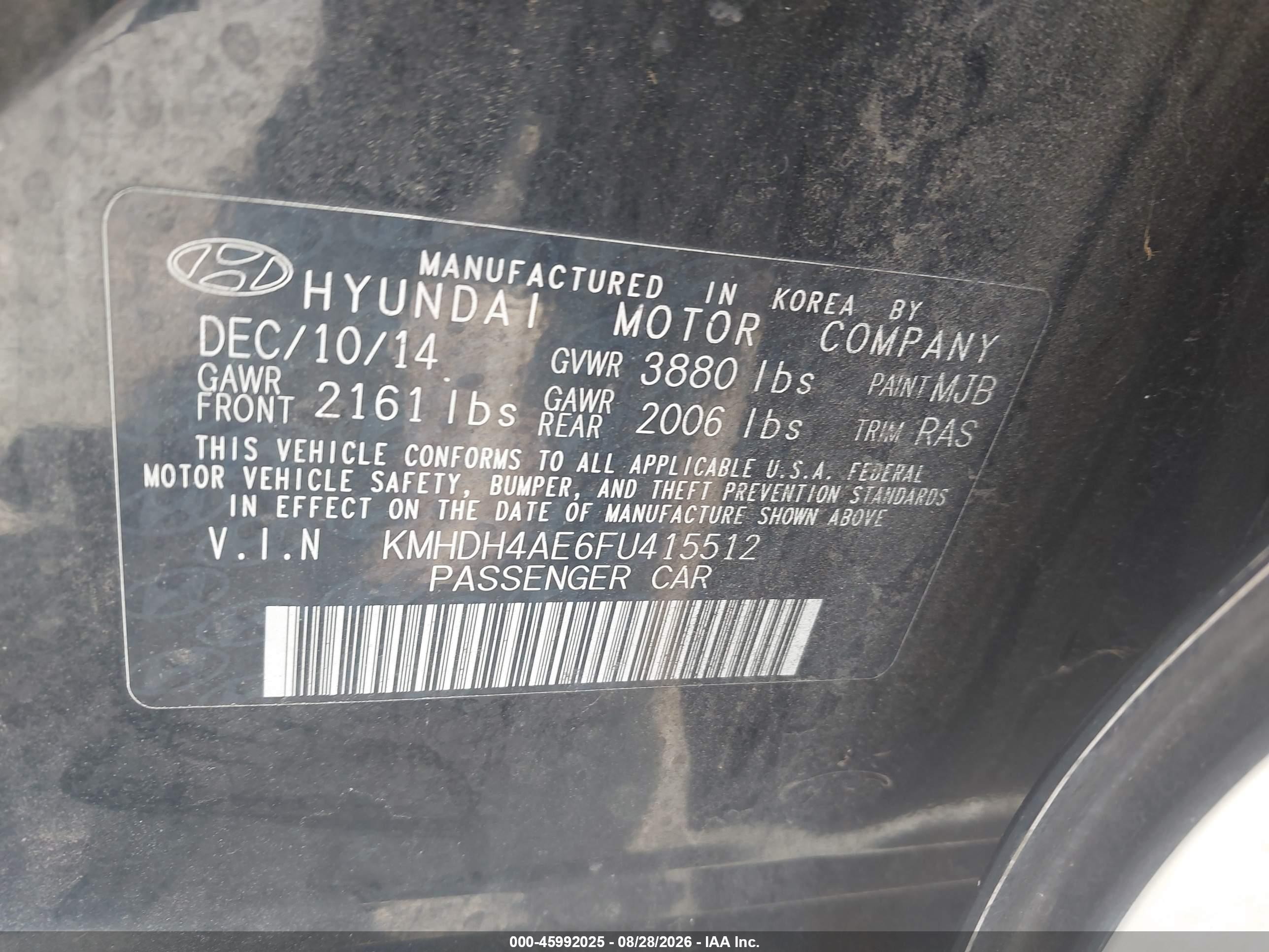2015 Hyundai Elantra Se Black vin: KMHDH4AE6FU415512
