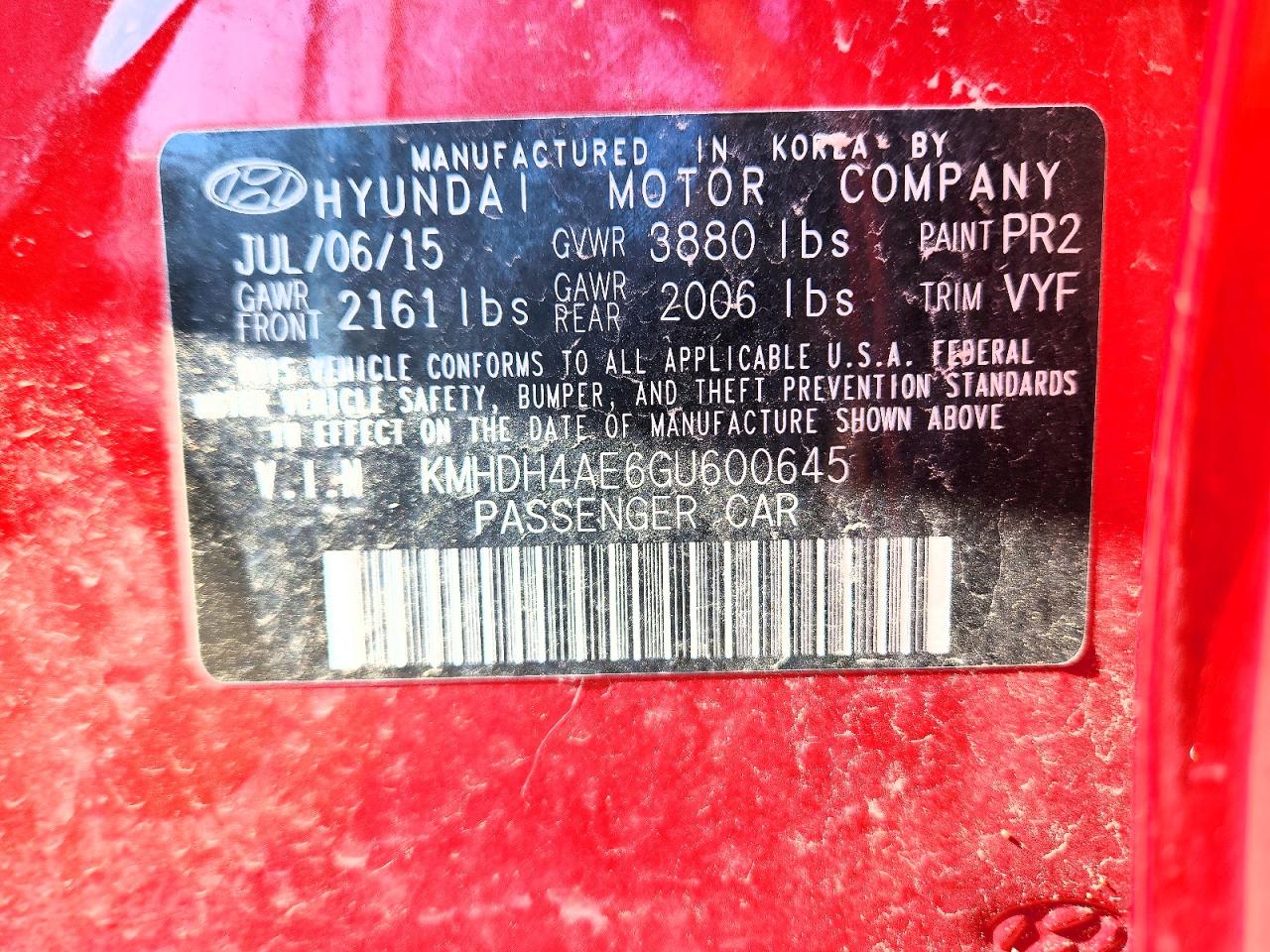 2016 Hyundai Elantra Value Edition Красный vin: KMHDH4AE6GU600645