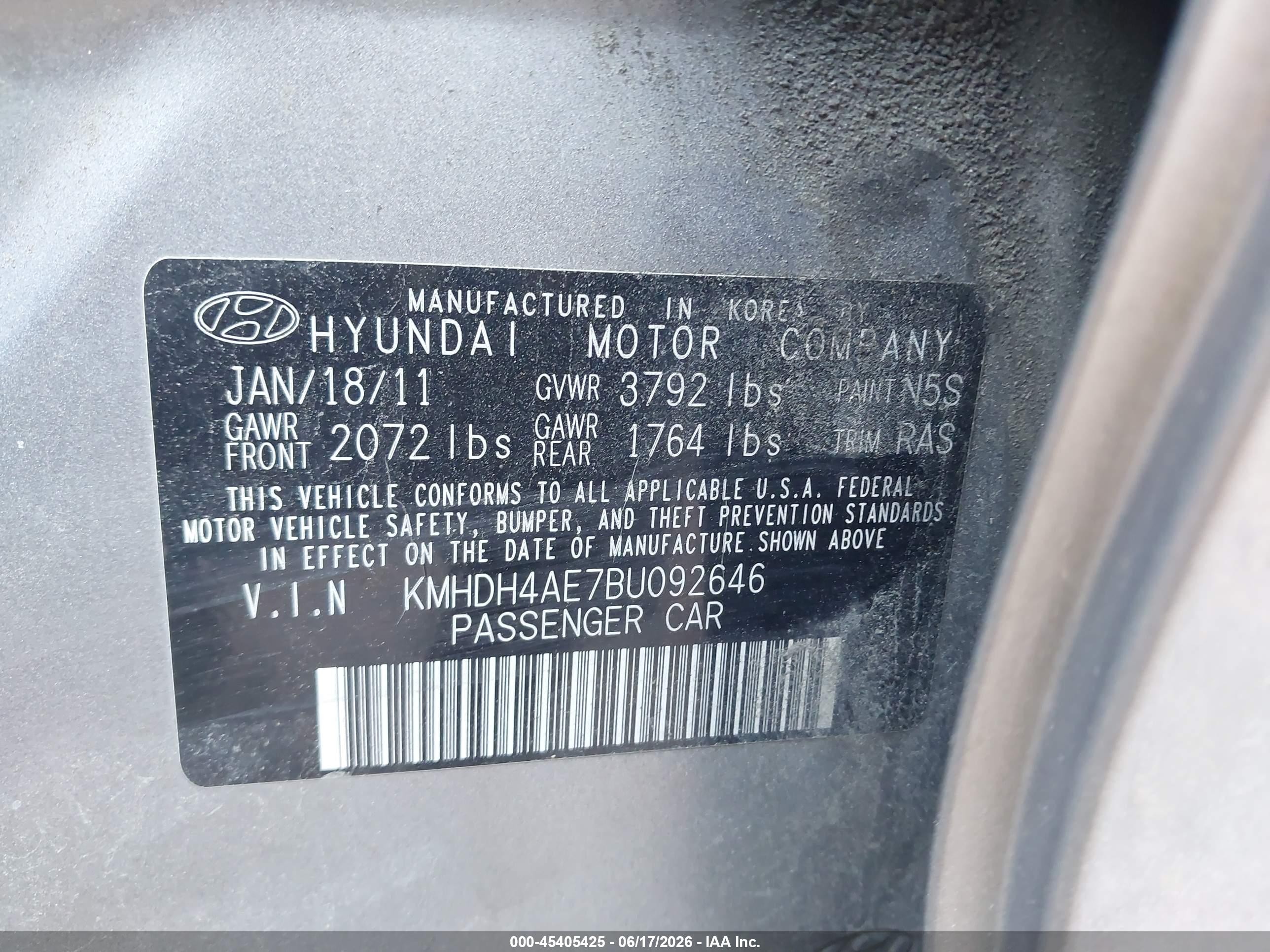 2011 Hyundai Elantra Gls (ulsan Plant) Gray vin: KMHDH4AE7BU092646