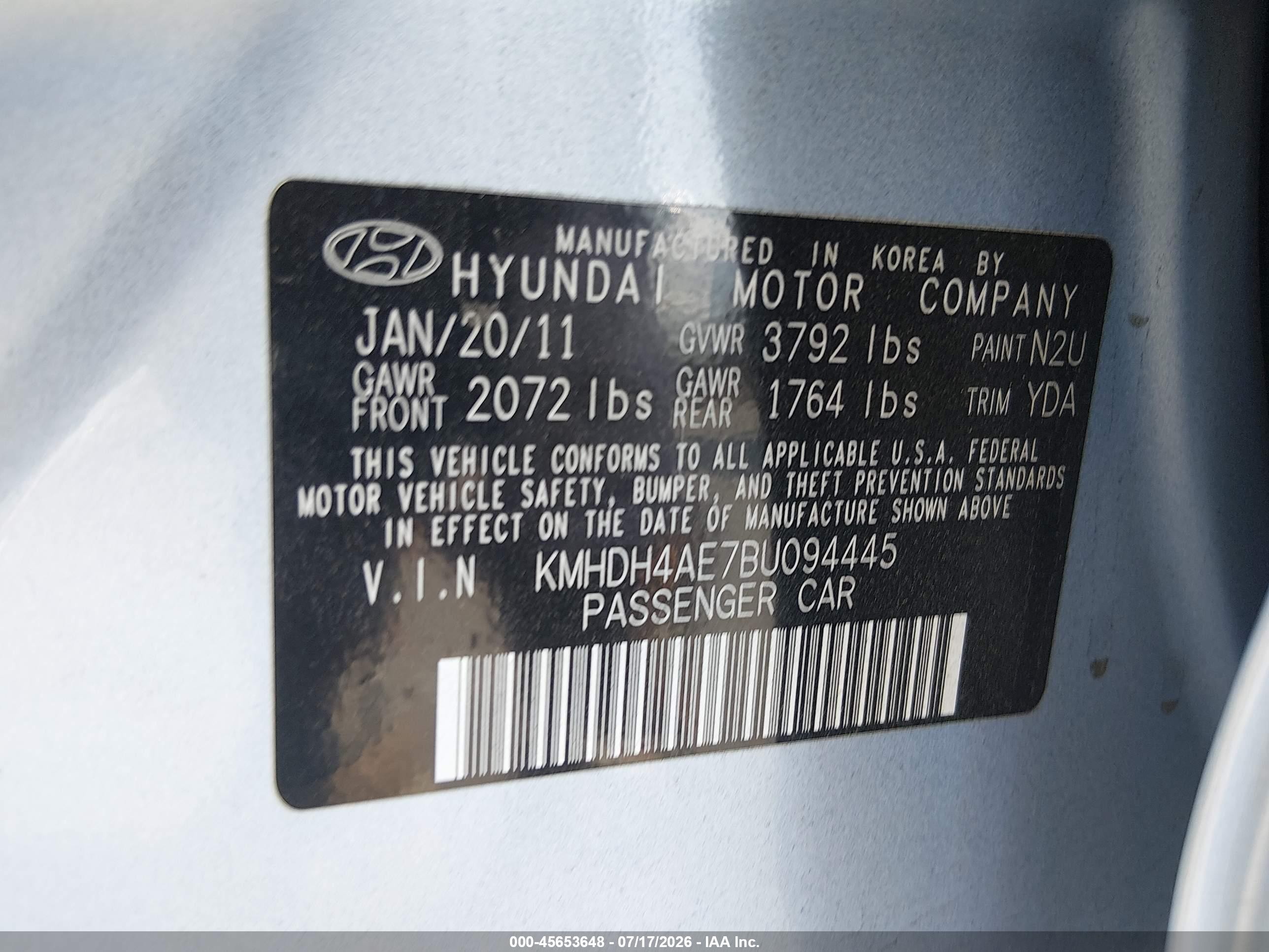 2011 Hyundai Elantra Gls (ulsan Plant) Blue vin: KMHDH4AE7BU094445