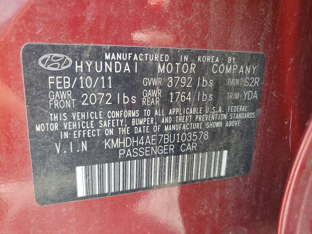 2011 Hyundai Elantra Gls Burgundy vin: KMHDH4AE7BU103578