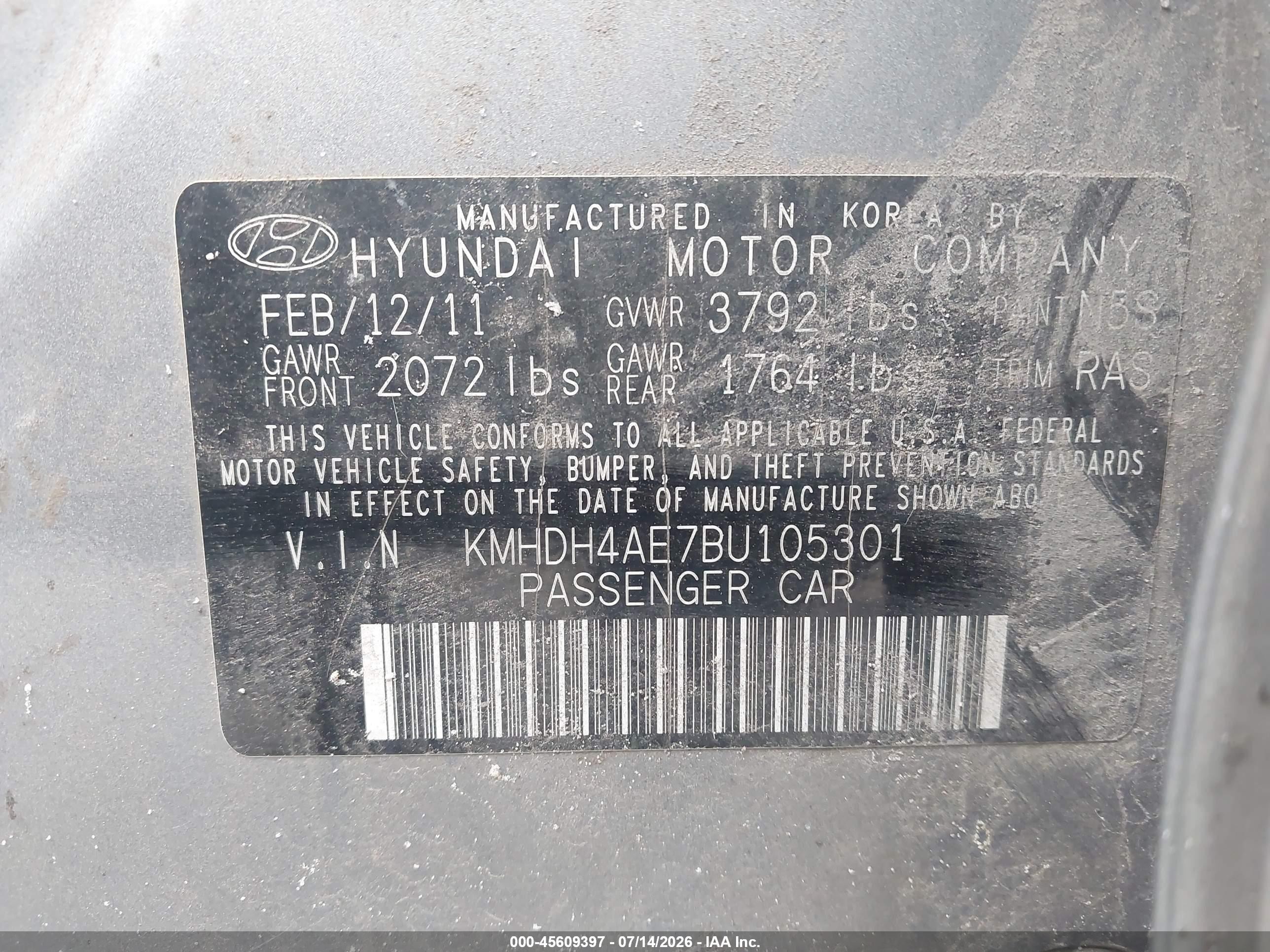 2011 Hyundai Elantra Gls (ulsan Plant) Gray vin: KMHDH4AE7BU105301
