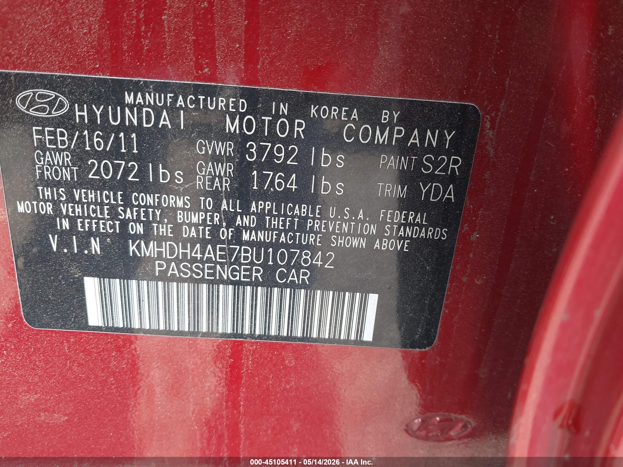 2011 Hyundai Elantra Gls (ulsan Plant) Red vin: KMHDH4AE7BU107842