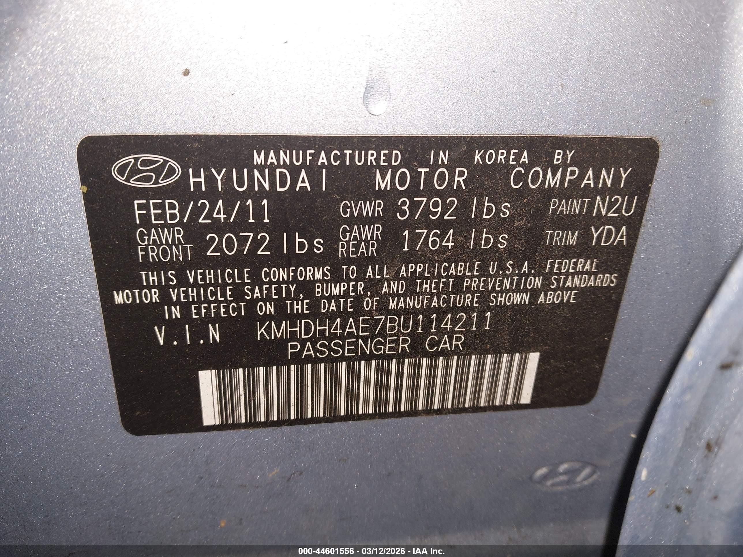 2011 Hyundai Elantra Gls (ulsan Plant) Light Blue vin: KMHDH4AE7BU114211