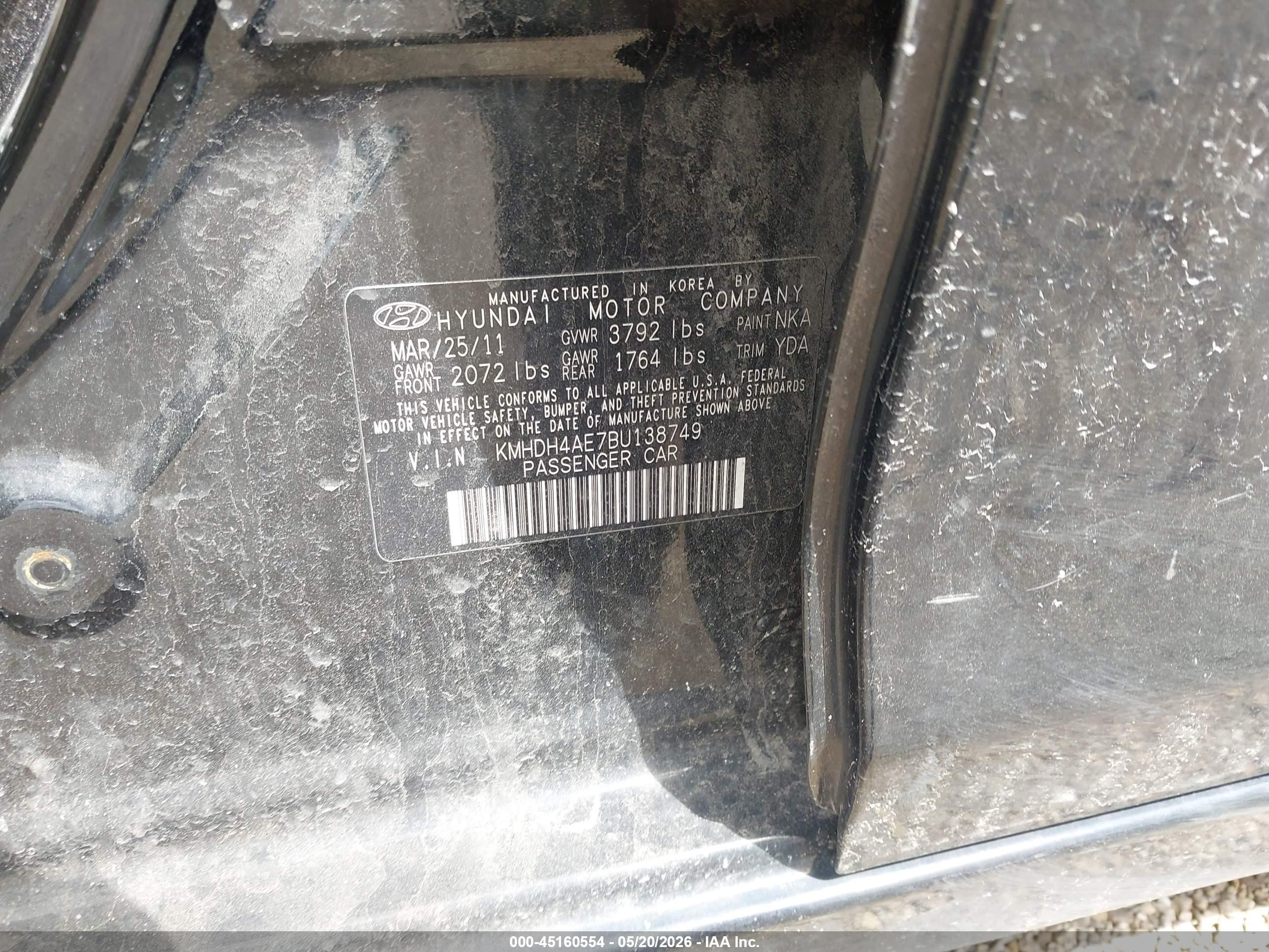 2011 Hyundai Elantra Limited (ulsan Plant) Black vin: KMHDH4AE7BU138749