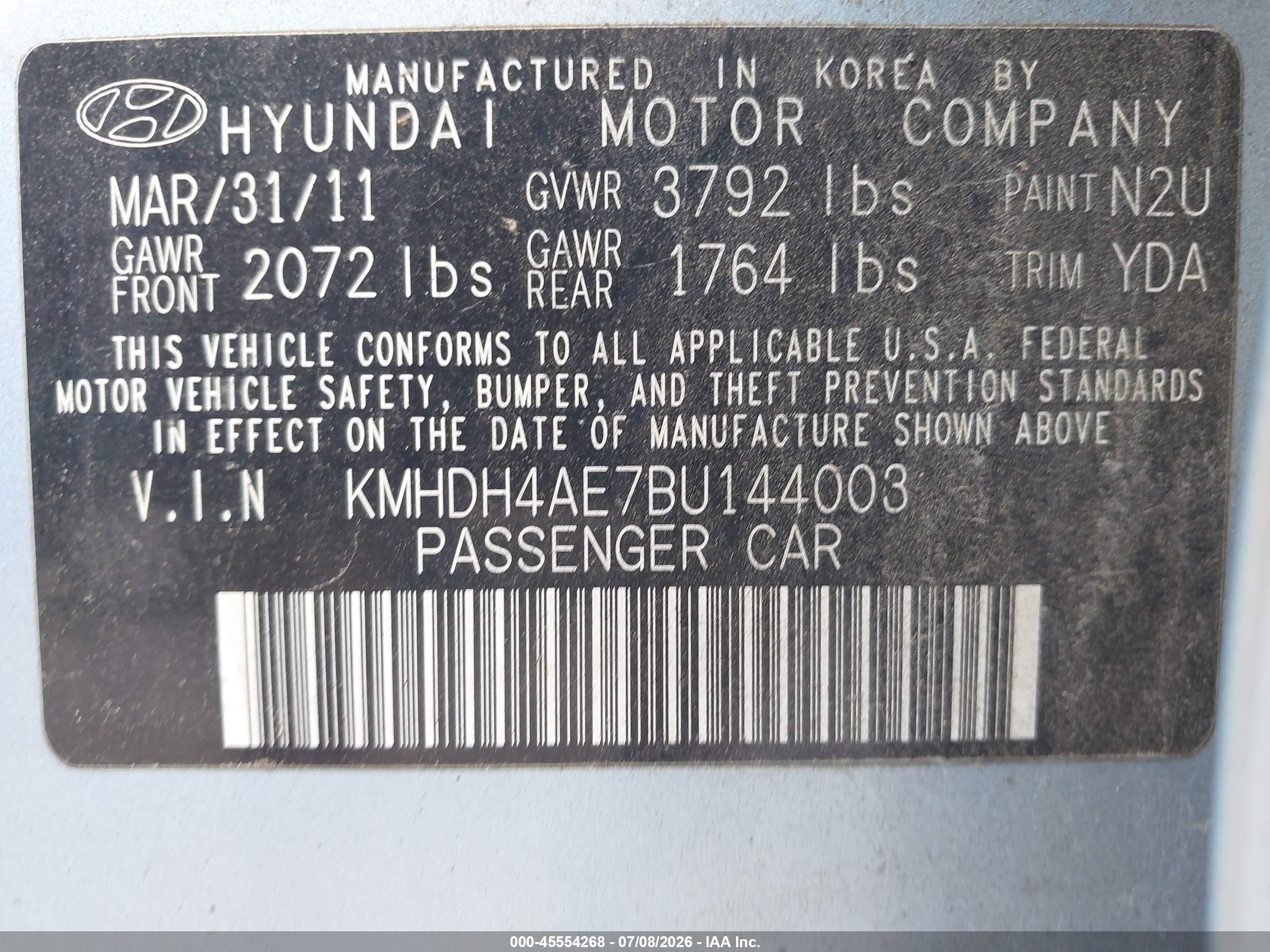 2011 Hyundai Elantra Gls (ulsan Plant) Light Blue vin: KMHDH4AE7BU144003