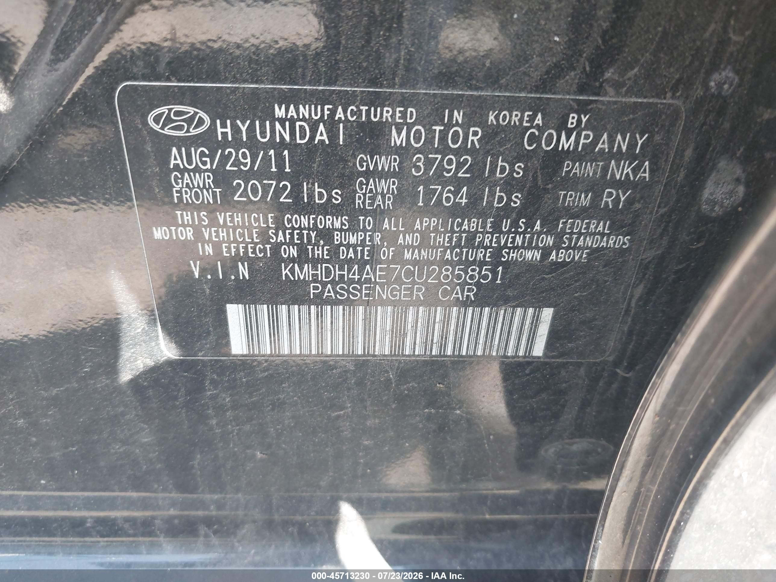 2012 Hyundai Elantra Limited (ulsan Plant) Black vin: KMHDH4AE7CU285851