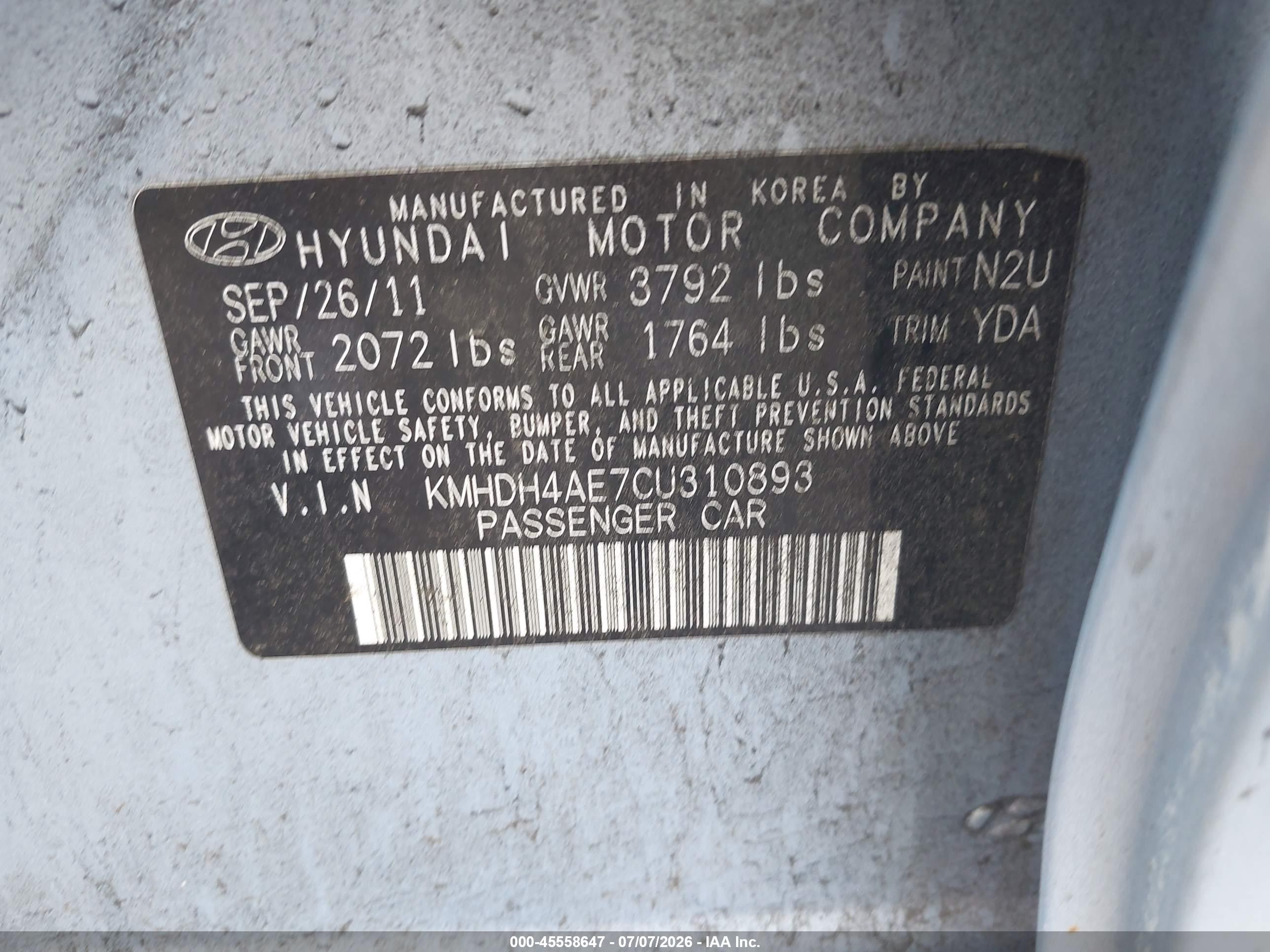 2012 Hyundai Elantra Gls (ulsan Plant) Blue vin: KMHDH4AE7CU310893