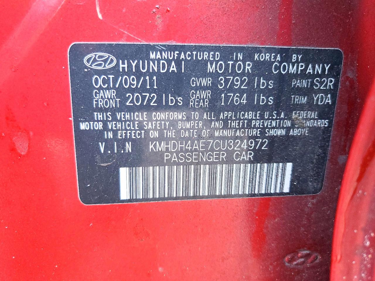 2012 Hyundai Elantra Burgundy vin: KMHDH4AE7CU324972