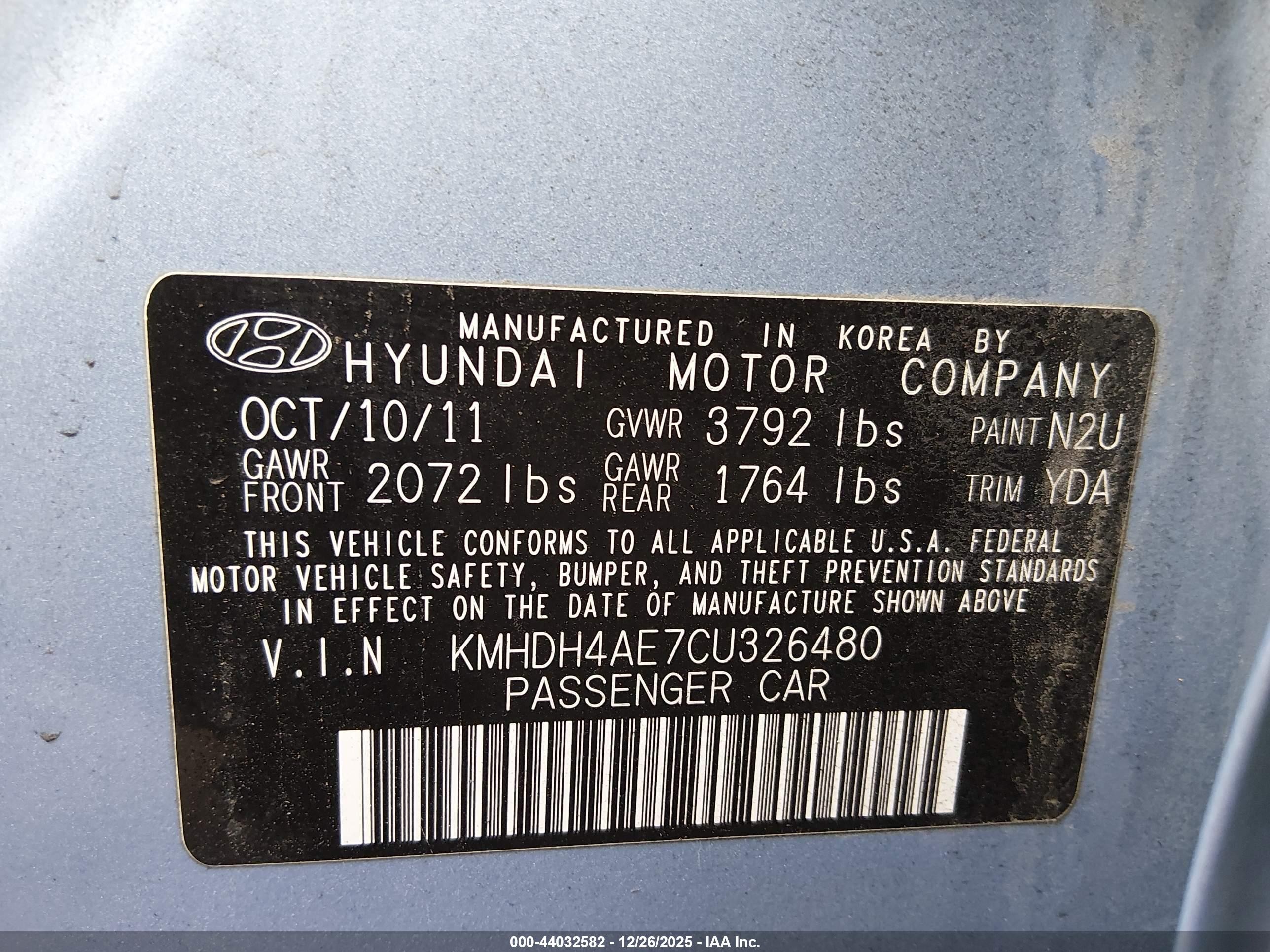2012 Hyundai Elantra Gls (ulsan Plant) Light Blue vin: KMHDH4AE7CU326480