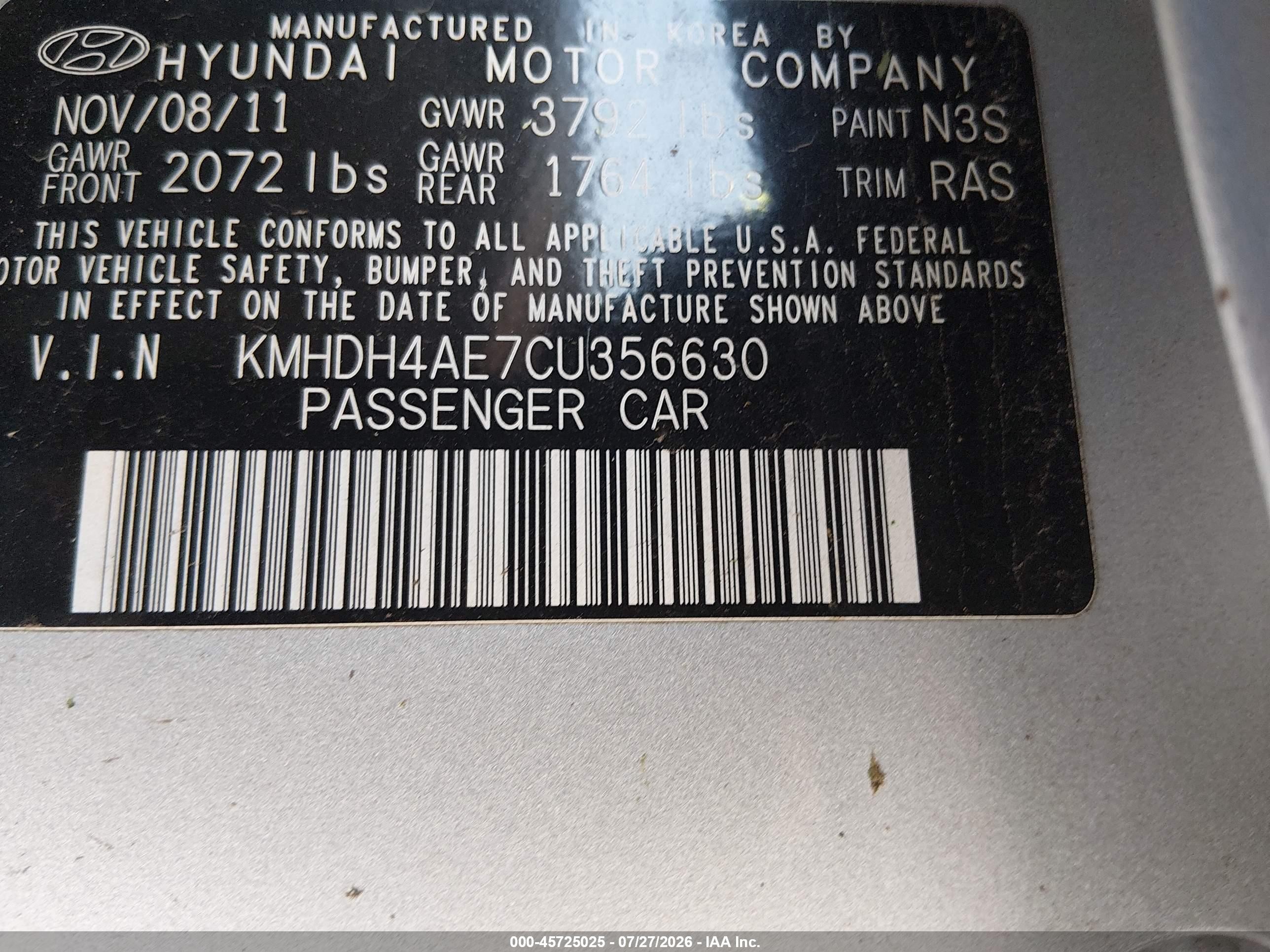 2012 Hyundai Elantra Gls (ulsan Plant) Silver vin: KMHDH4AE7CU356630