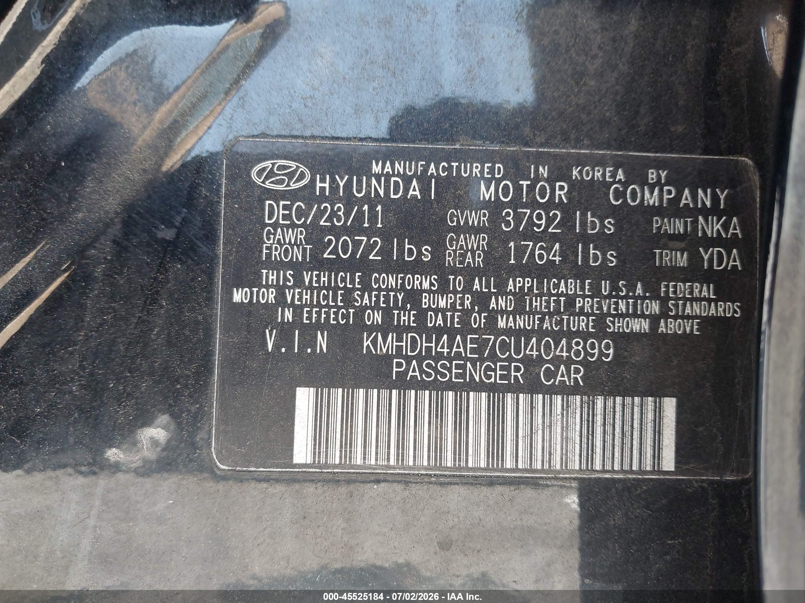 2012 Hyundai Elantra Limited (ulsan Plant) Black vin: KMHDH4AE7CU404899