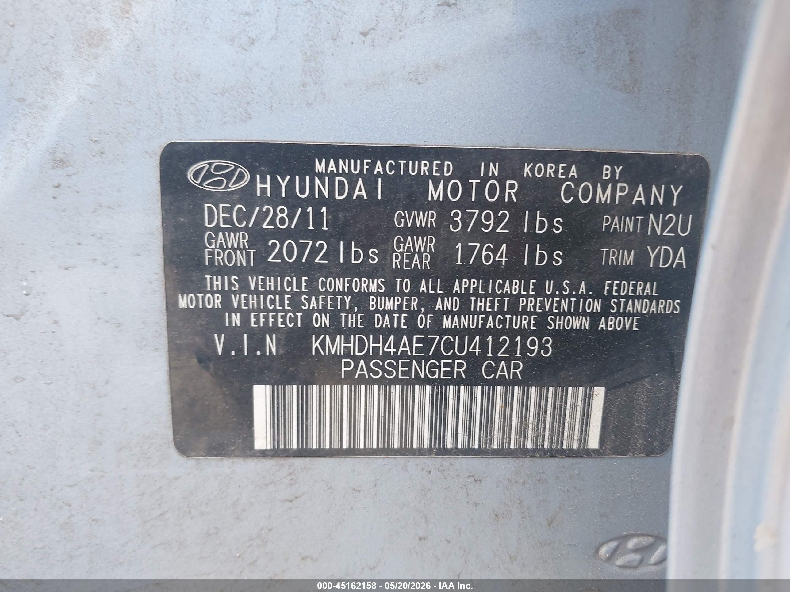 2012 Hyundai Elantra Gls (ulsan Plant) Light Blue vin: KMHDH4AE7CU412193