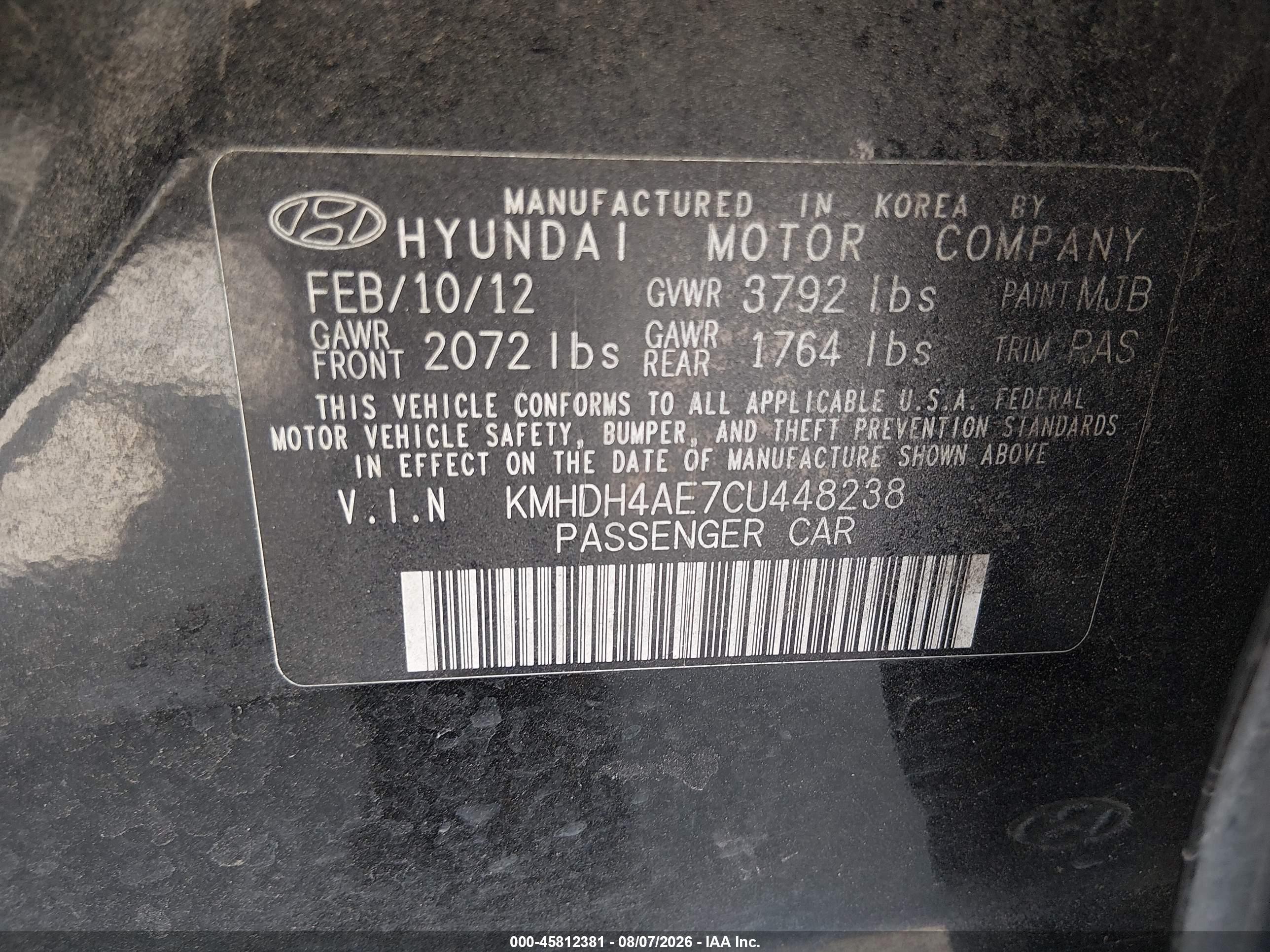 2012 Hyundai Elantra Gls (ulsan Plant) Black vin: KMHDH4AE7CU448238