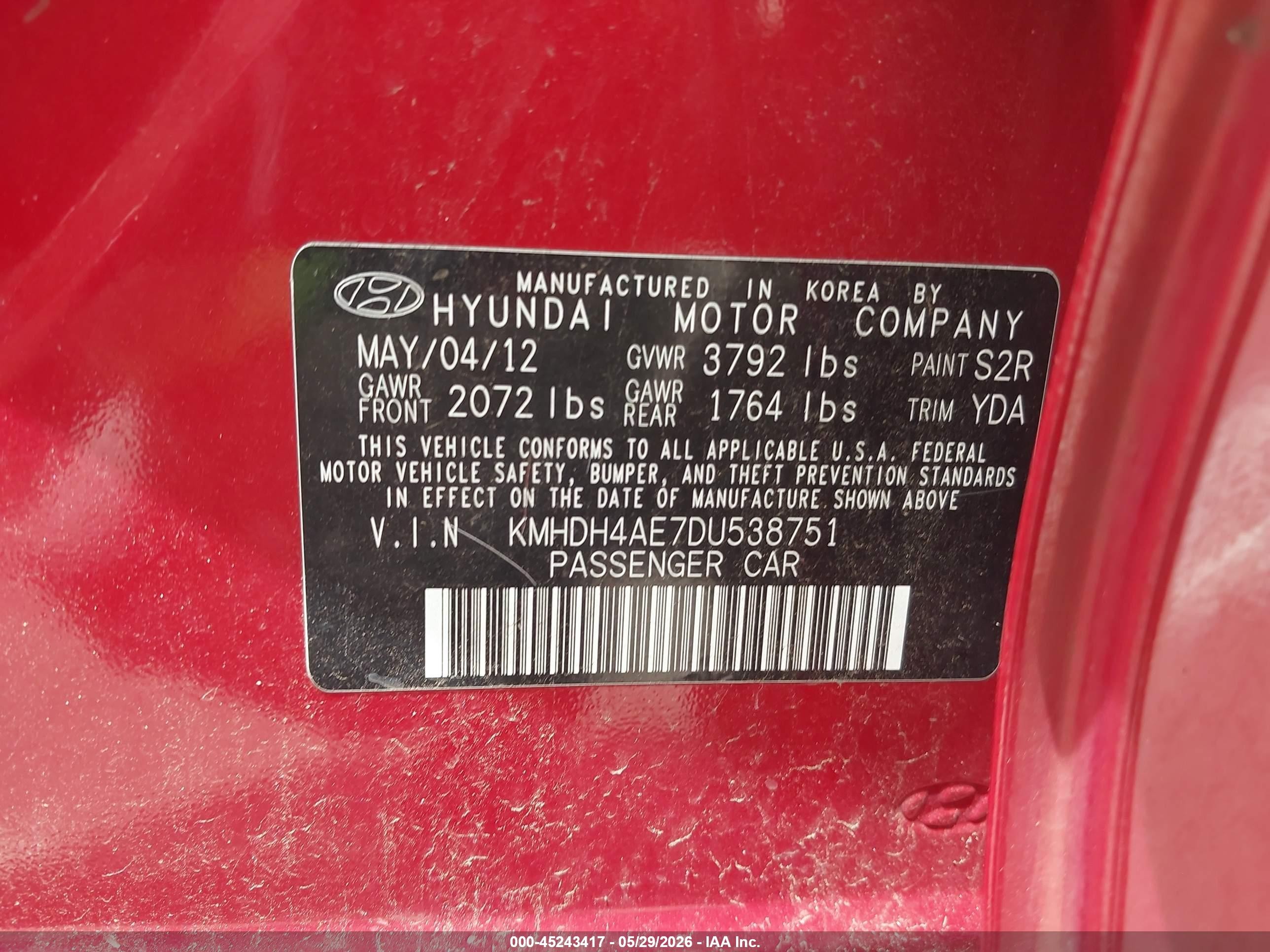 2013 Hyundai Elantra Gls Red vin: KMHDH4AE7DU538751