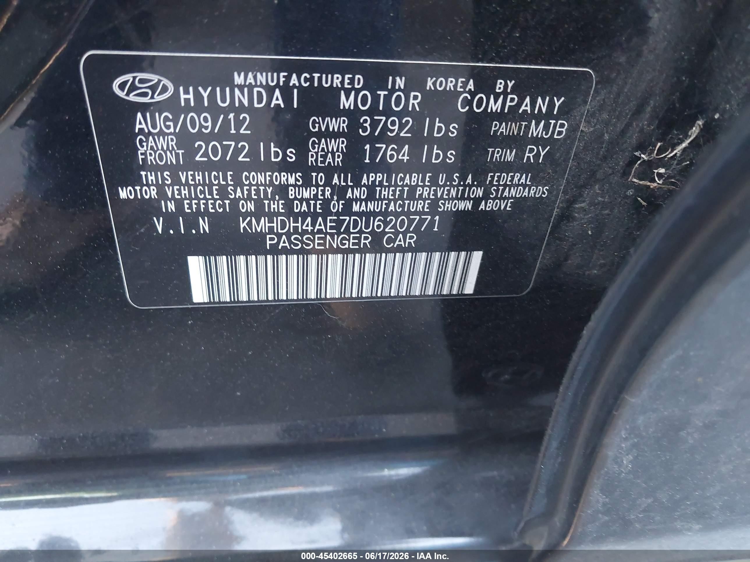 2013 Hyundai Elantra Limited Black vin: KMHDH4AE7DU620771