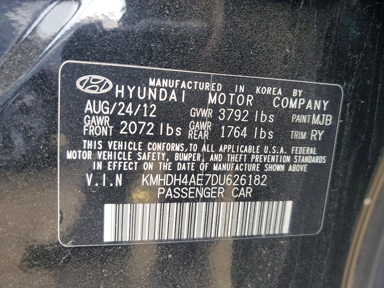 2013 Hyundai Elantra Limited Черный vin: KMHDH4AE7DU626182
