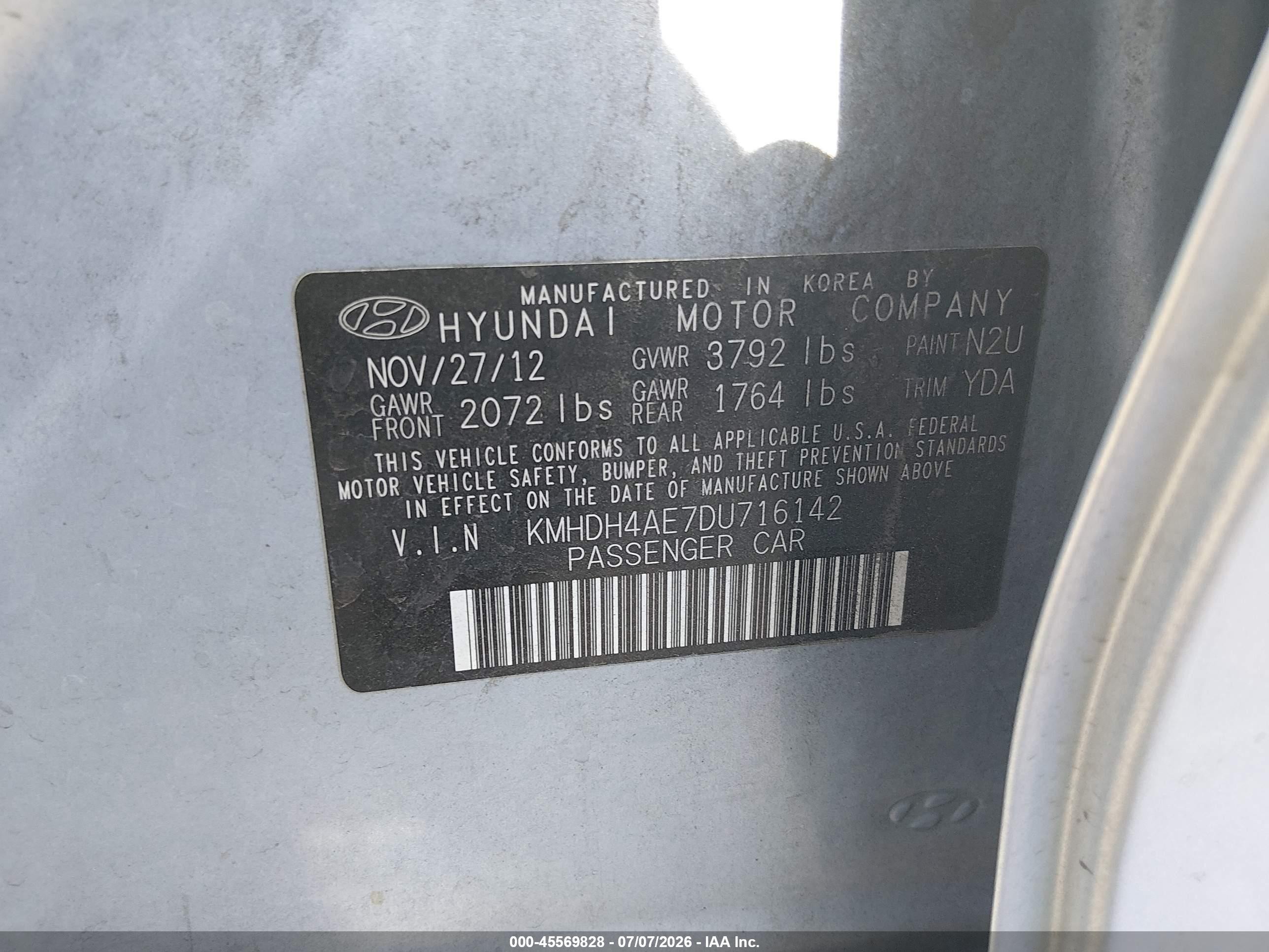 2013 Hyundai Elantra Limited Blue vin: KMHDH4AE7DU716142