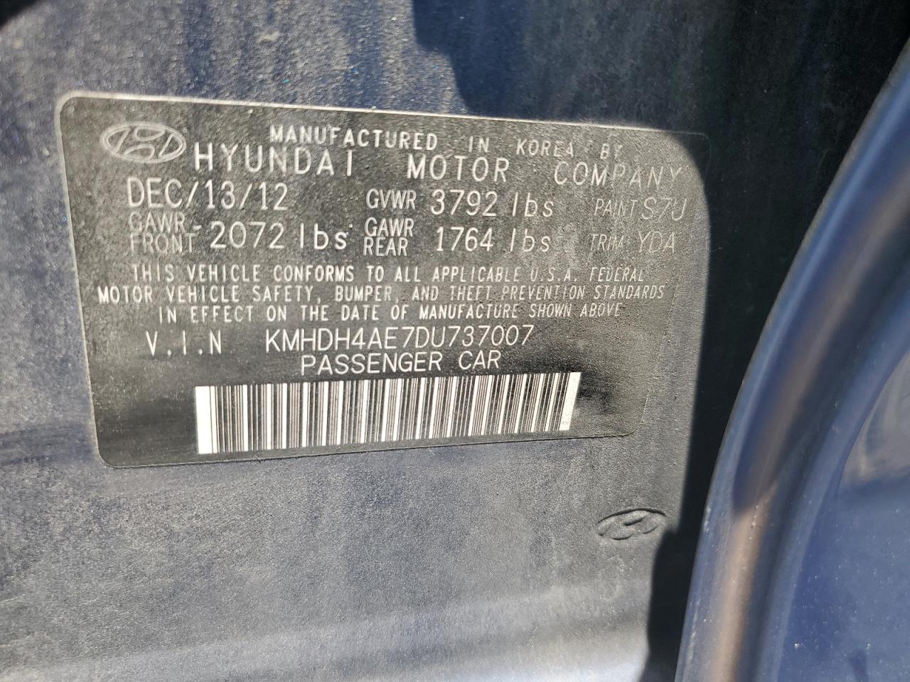 2013 Hyundai Elantra Gls Blue vin: KMHDH4AE7DU737007