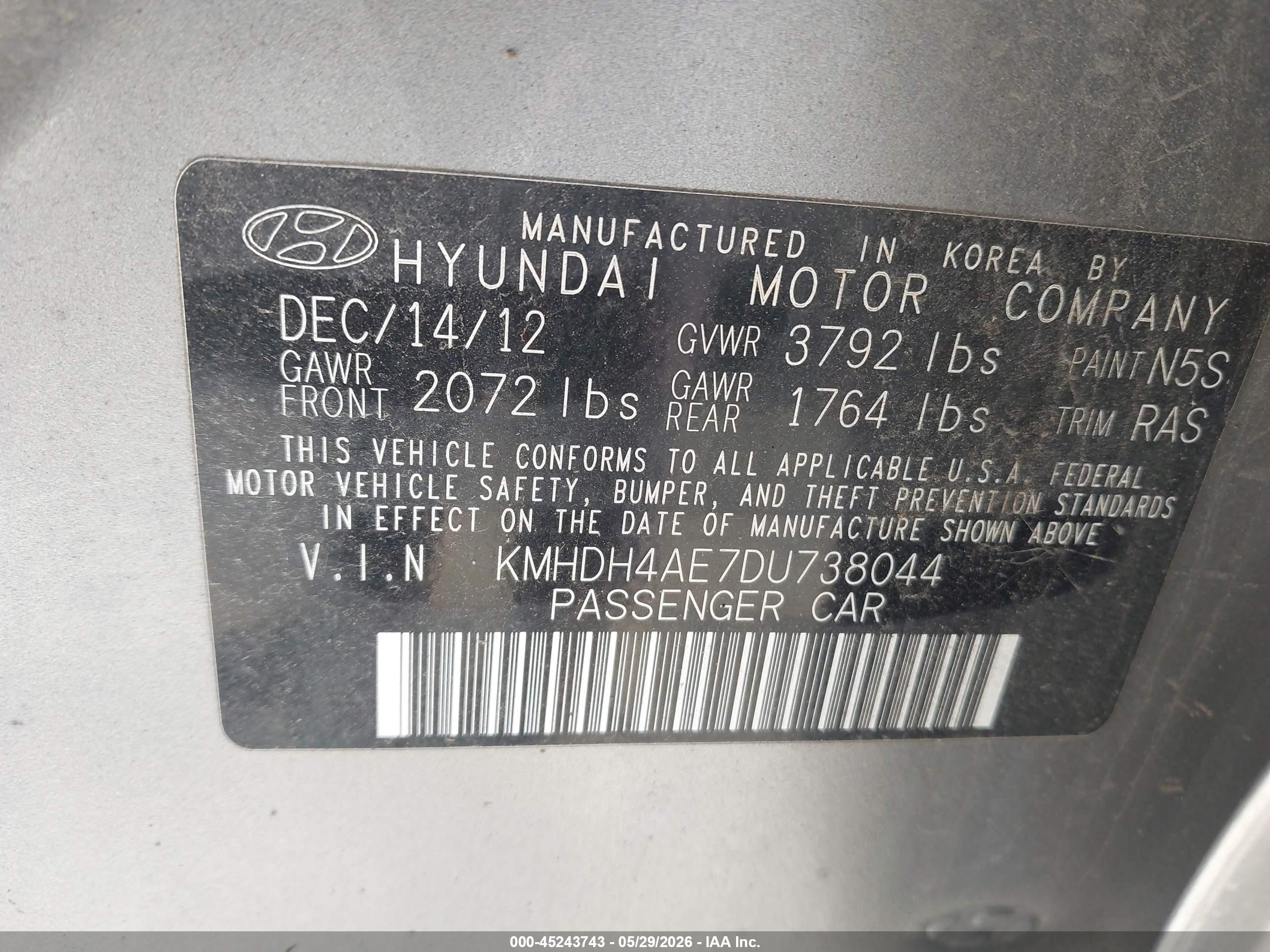 2013 Hyundai Elantra Limited Gray vin: KMHDH4AE7DU738044