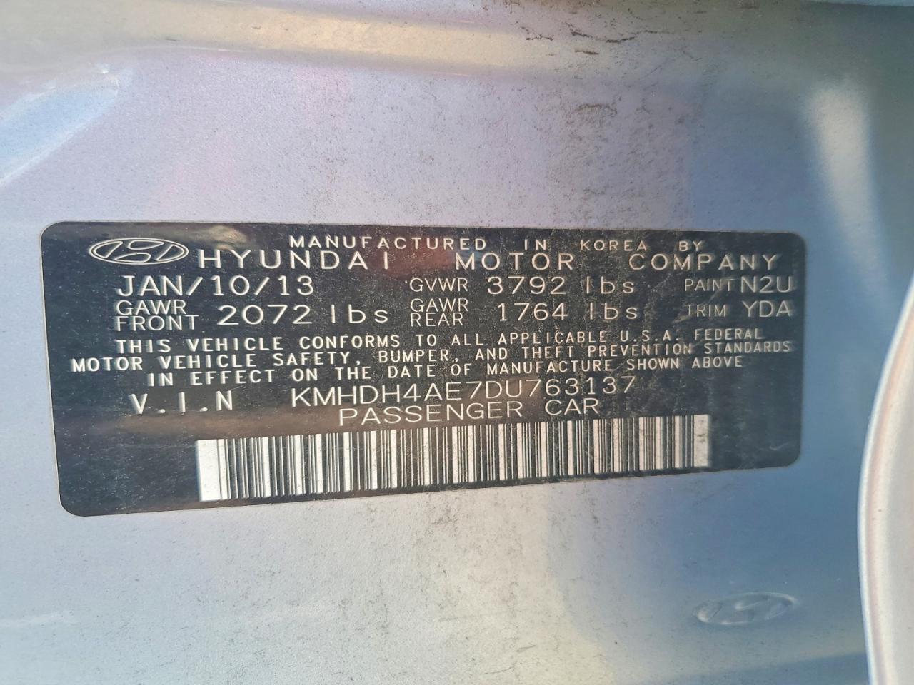 2013 Hyundai Elantra Limited Blue vin: KMHDH4AE7DU763137