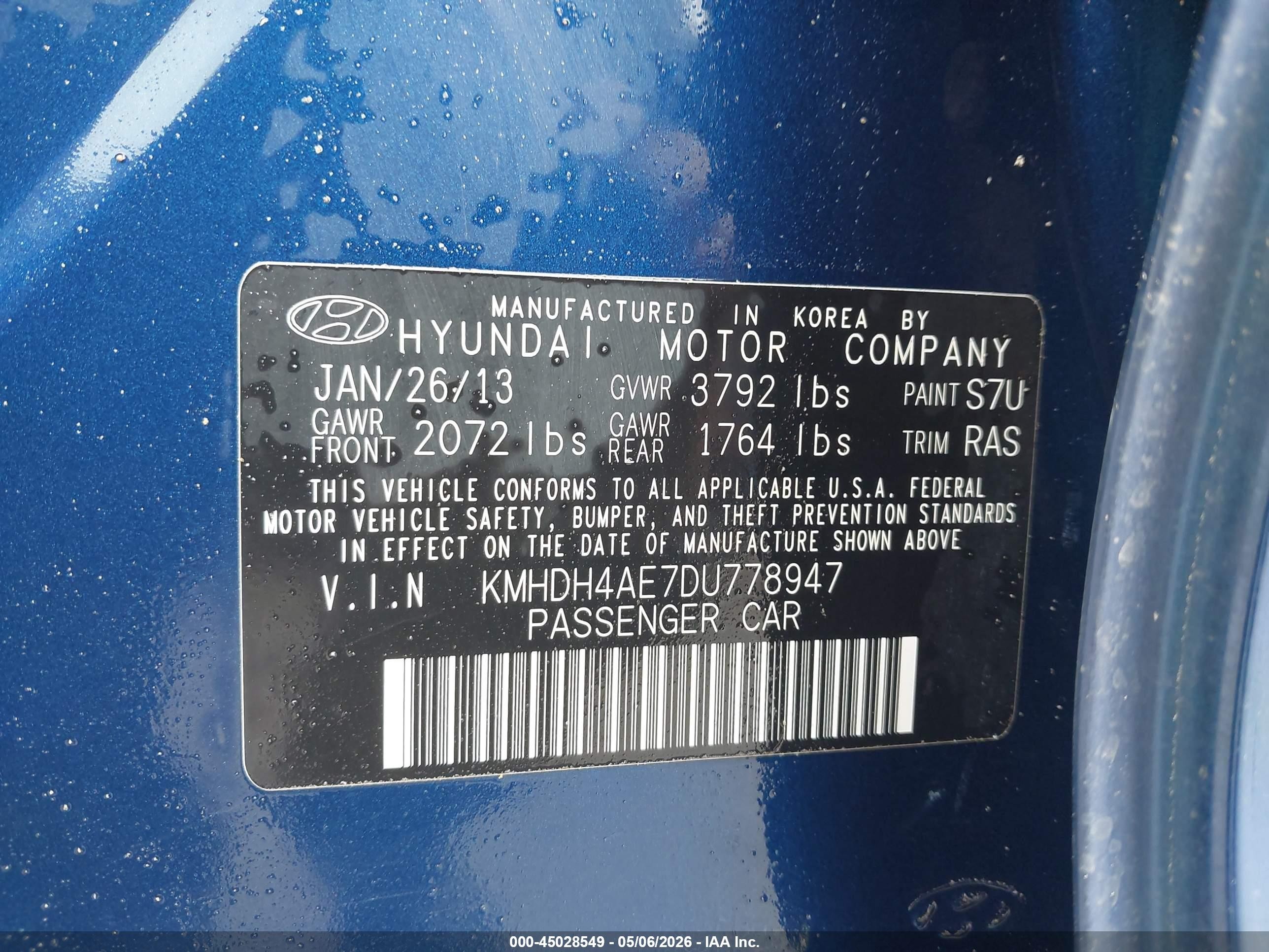 2013 Hyundai Elantra Gls Blue vin: KMHDH4AE7DU778947
