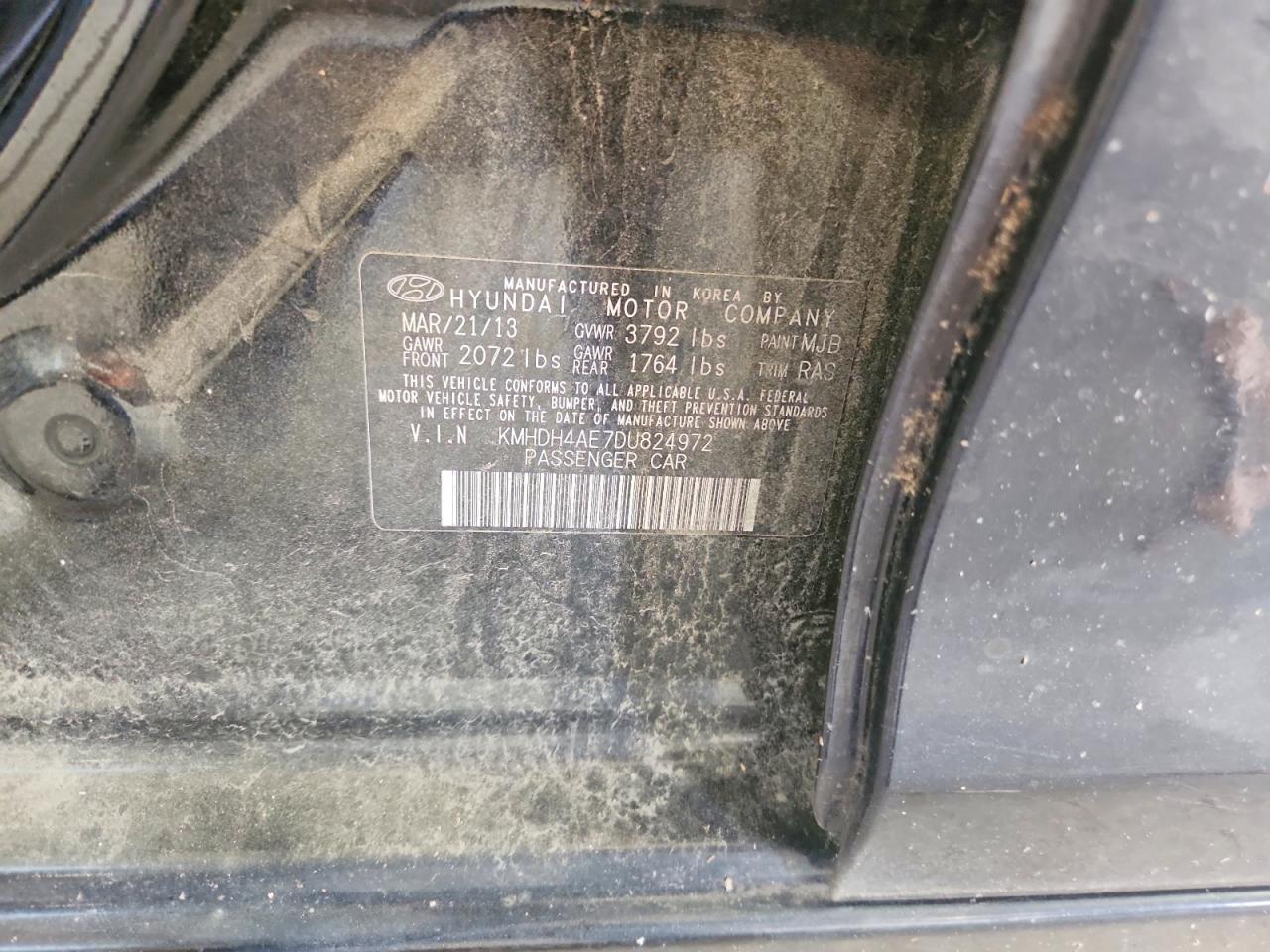 2013 Hyundai Elantra Black vin: KMHDH4AE7DU824972