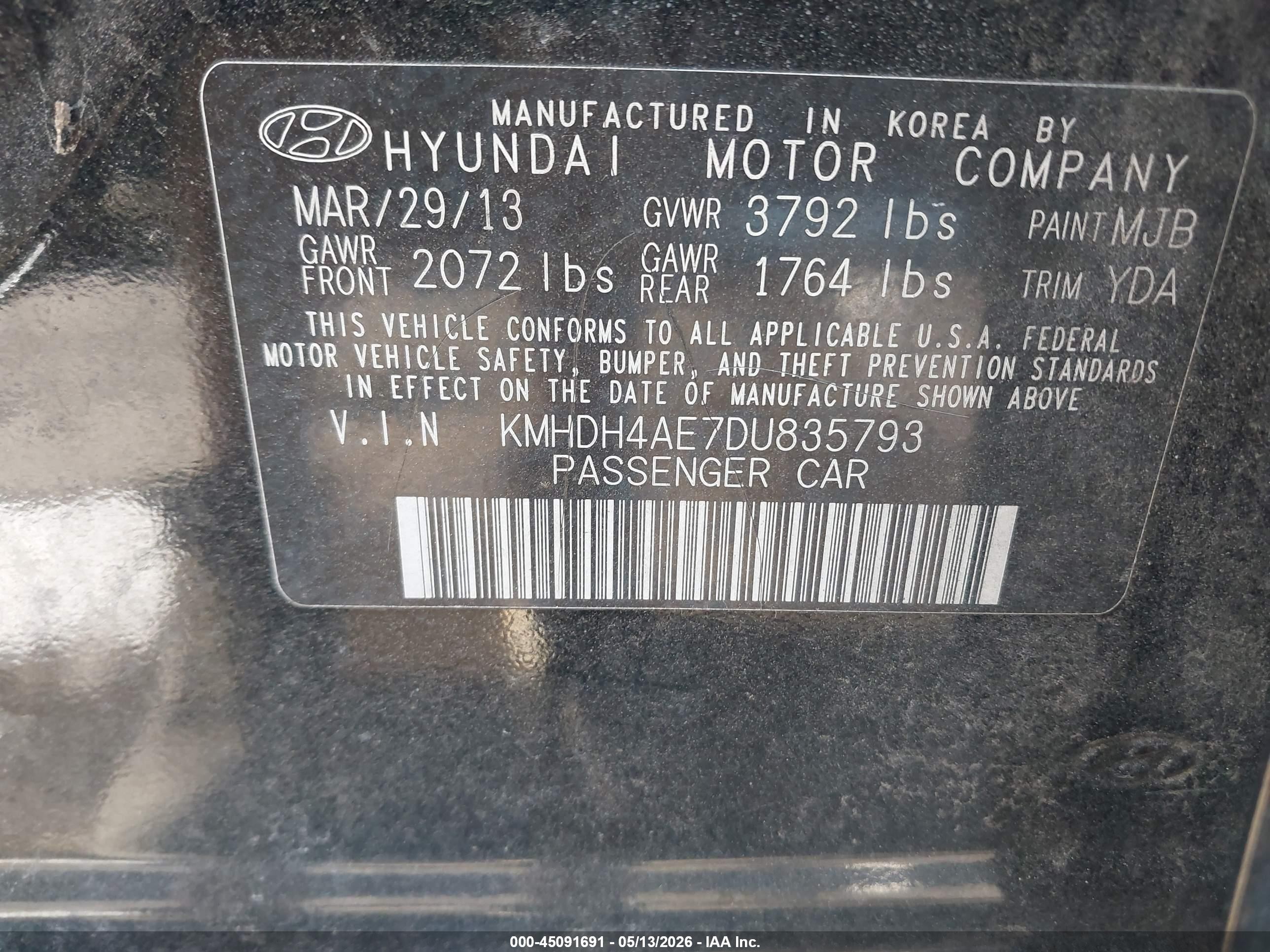 2013 Hyundai Elantra Limited Black vin: KMHDH4AE7DU835793