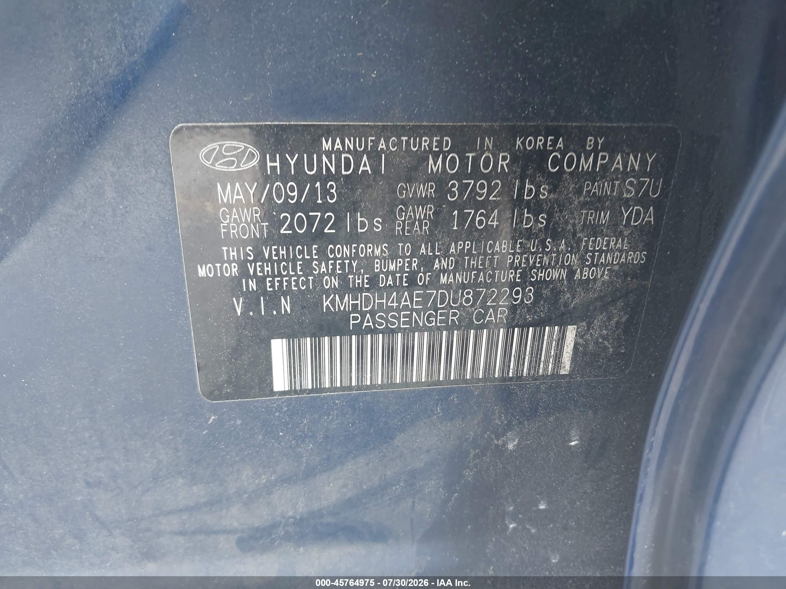 2013 Hyundai Elantra Gls Blue vin: KMHDH4AE7DU872293