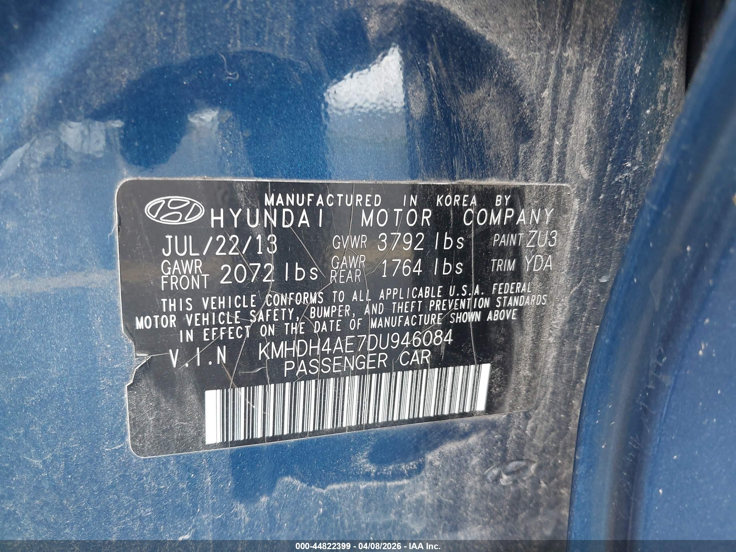 2013 Hyundai Elantra Limited Blue vin: KMHDH4AE7DU946084