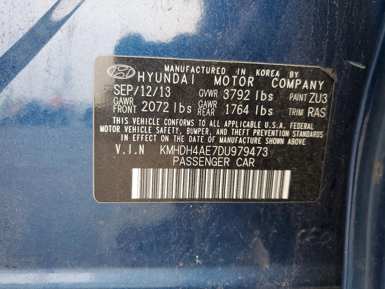 2013 Hyundai Elantra Gls Blue vin: KMHDH4AE7DU979473