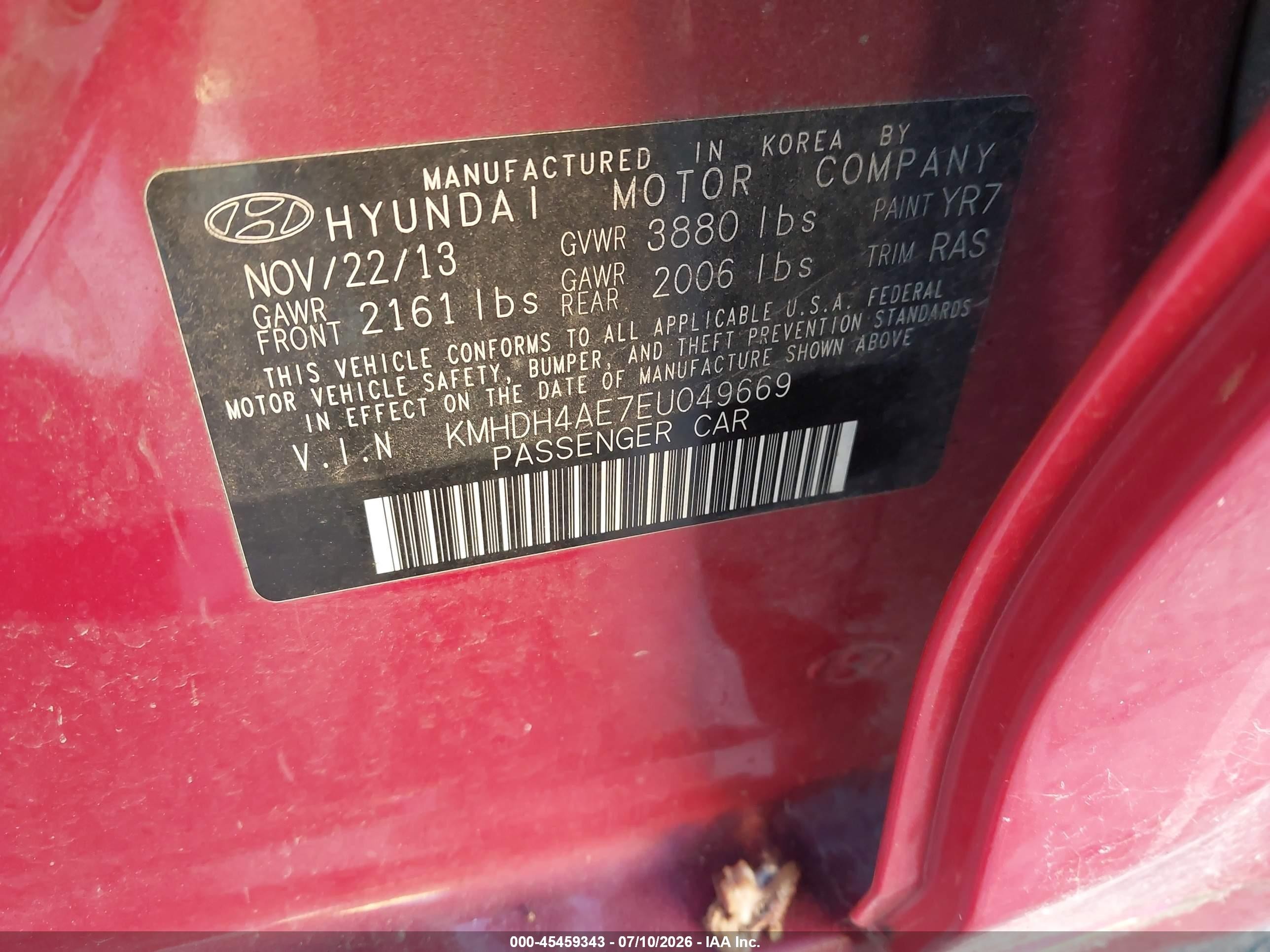 2014 Hyundai Elantra Se Red vin: KMHDH4AE7EU049669
