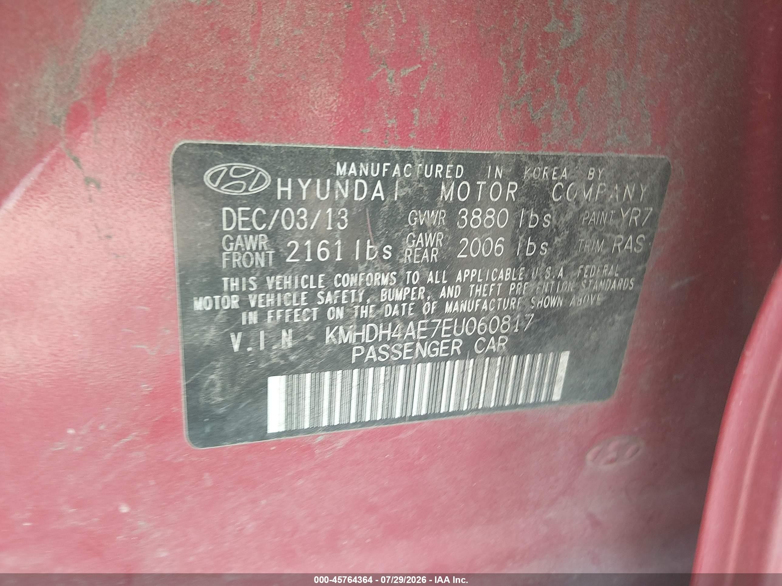 2014 Hyundai Elantra Se Red vin: KMHDH4AE7EU060817