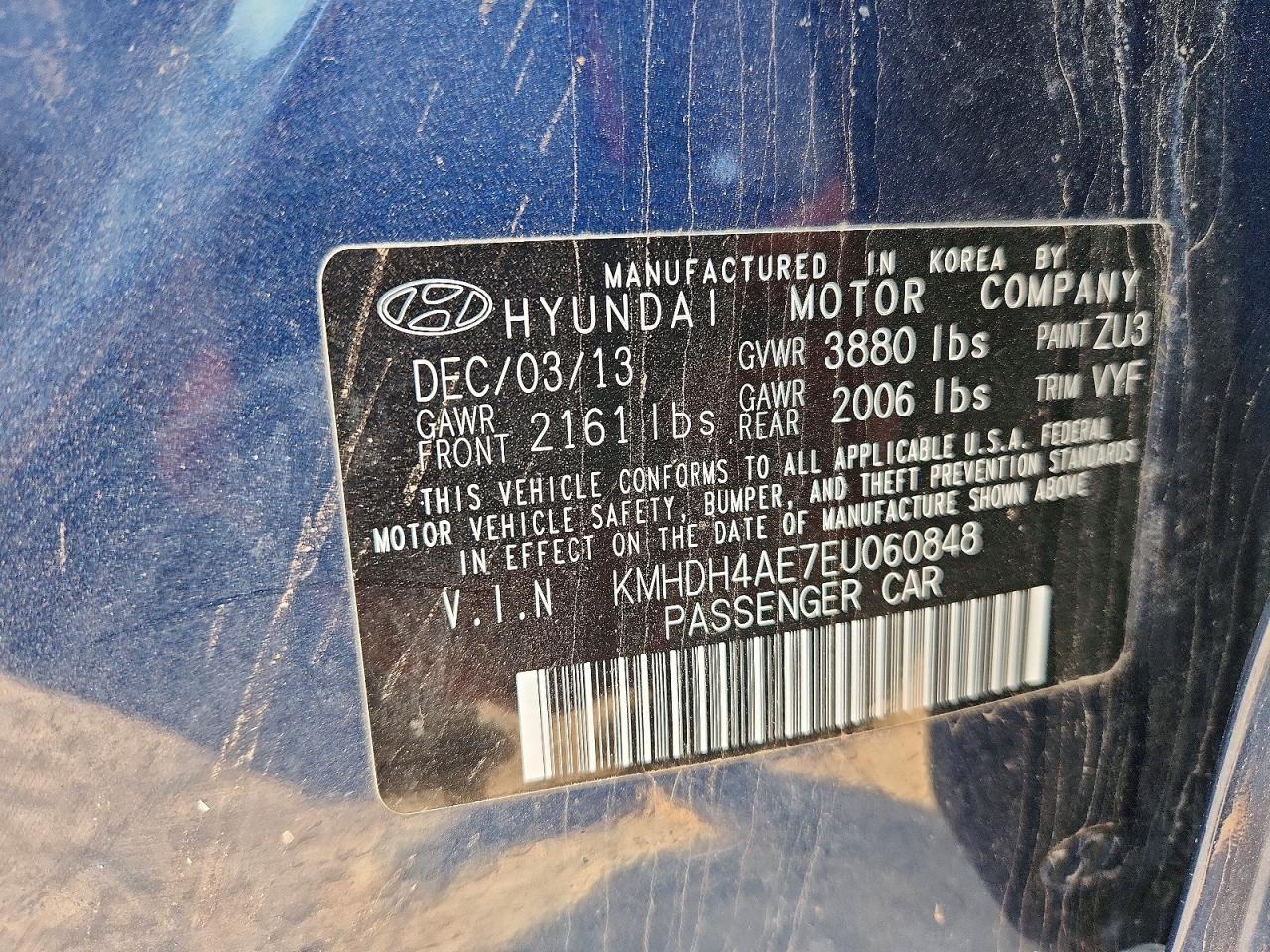 2014 Hyundai Elantra Se Blue vin: KMHDH4AE7EU060848