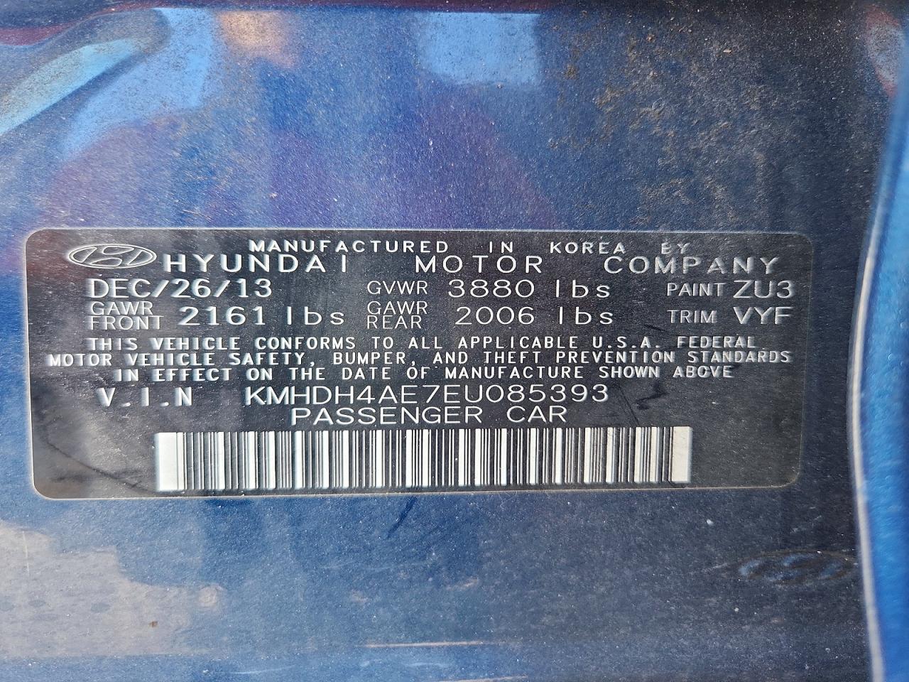 2014 Hyundai Elantra Se Blue vin: KMHDH4AE7EU085393