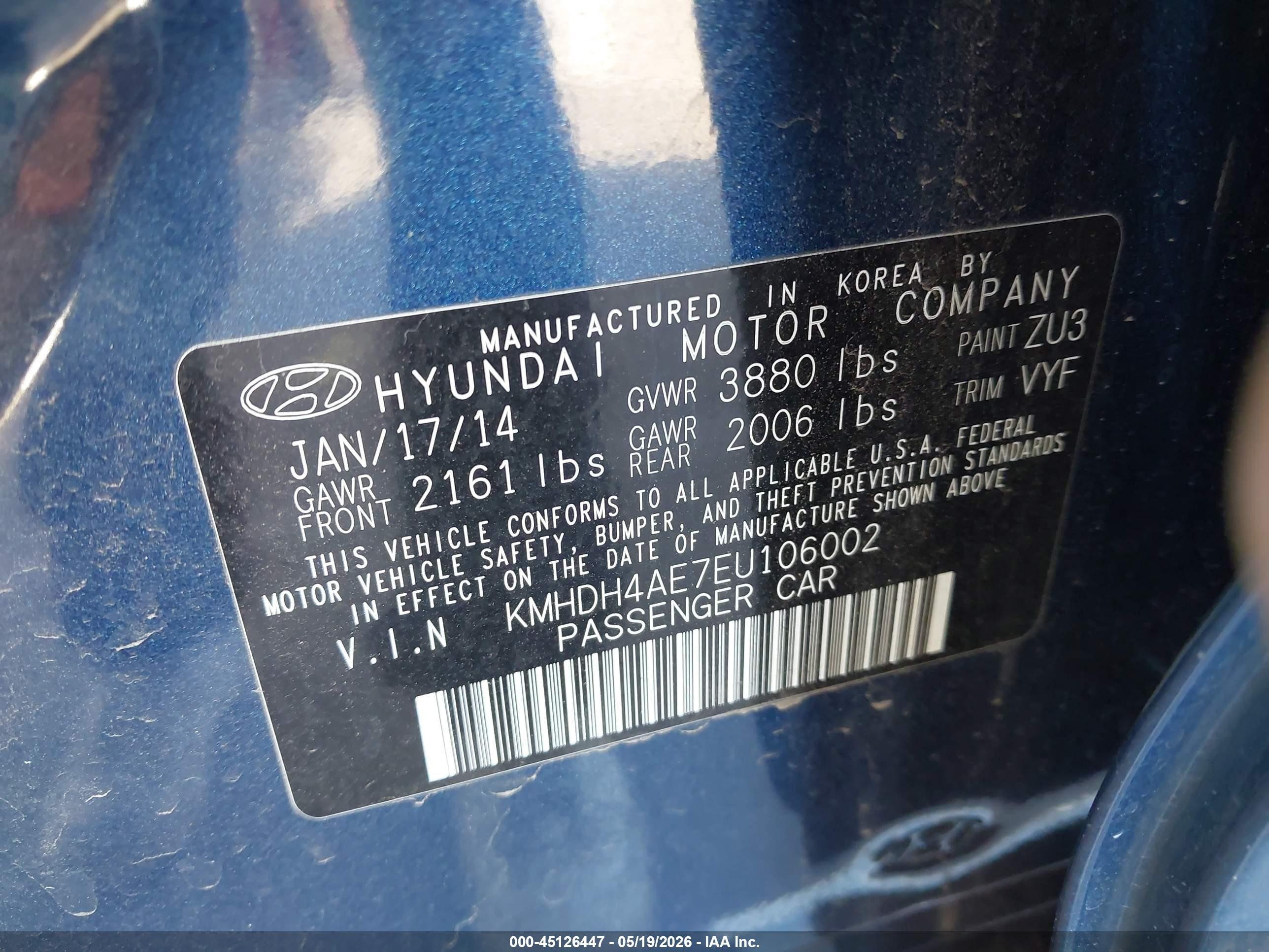 2014 Hyundai Elantra Limited Blue vin: KMHDH4AE7EU106002