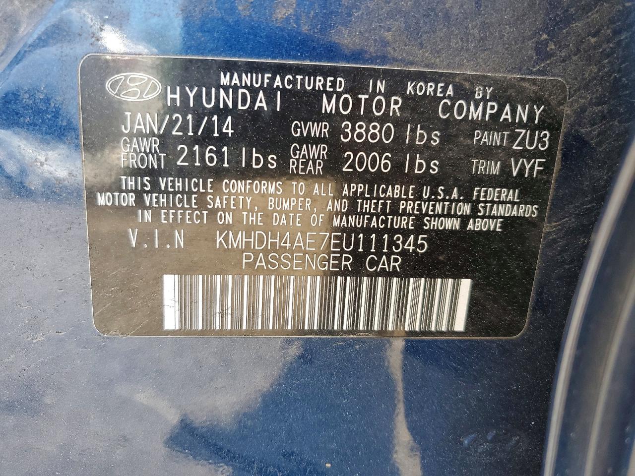 2014 Hyundai Elantra Limited Blue vin: KMHDH4AE7EU111345