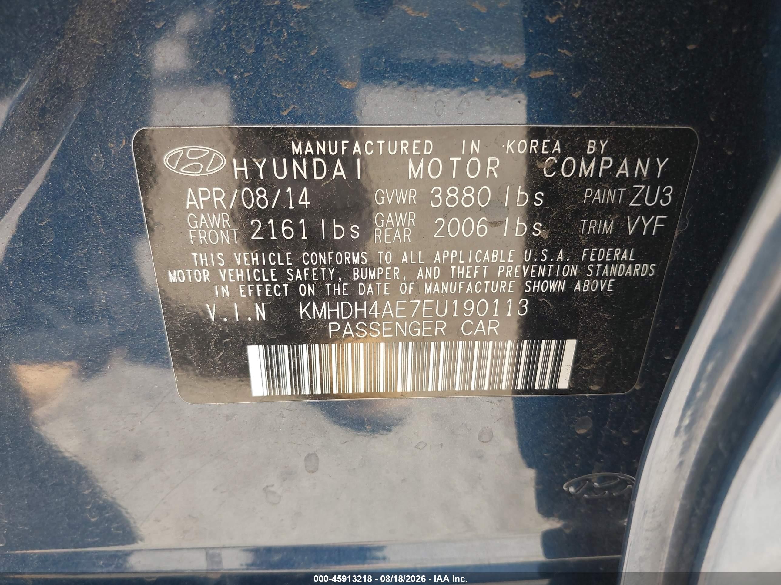 2014 Hyundai Elantra Se Blue vin: KMHDH4AE7EU190113