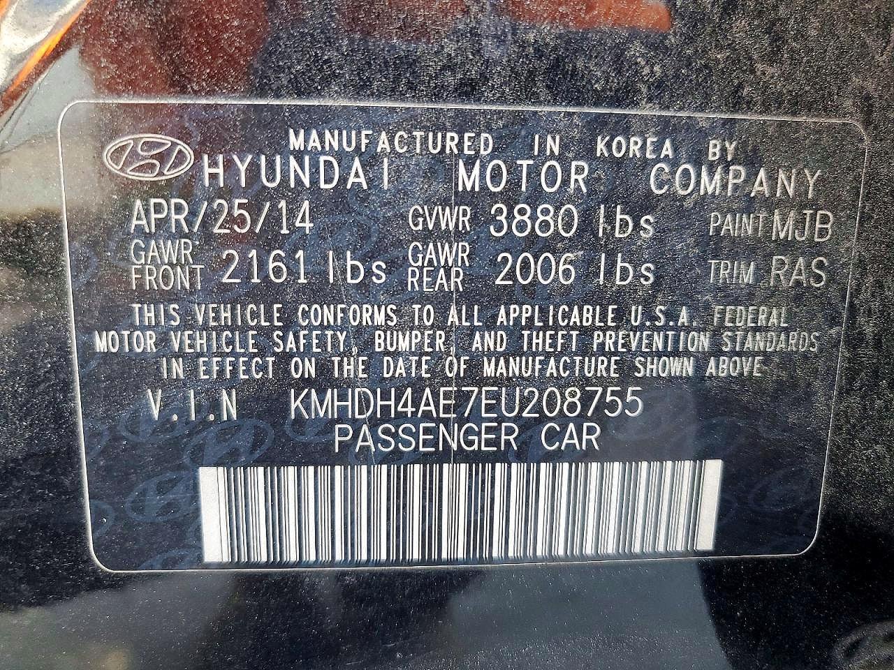 2014 Hyundai Elantra Se Black vin: KMHDH4AE7EU208755