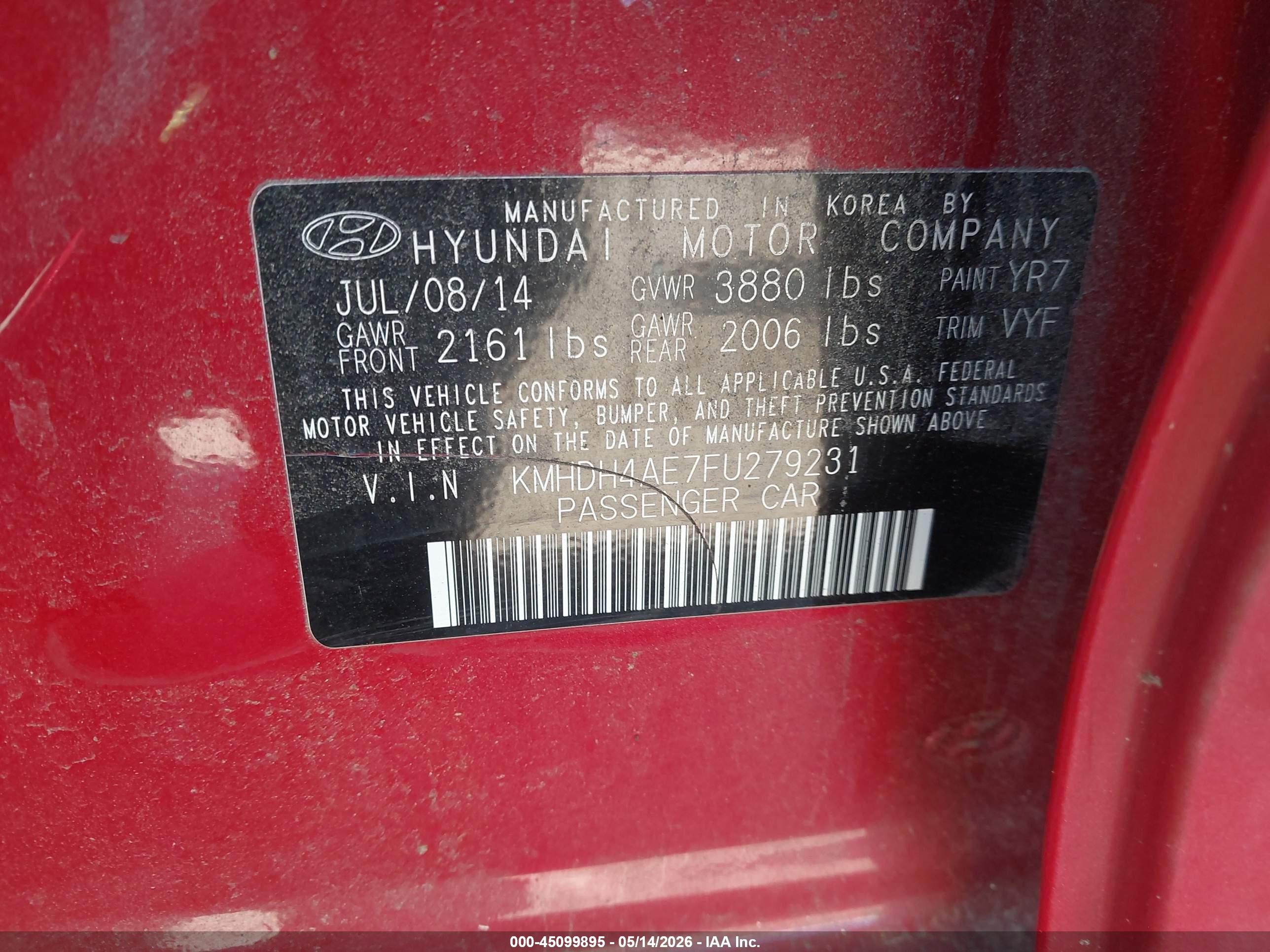 2015 Hyundai Elantra Se Red vin: KMHDH4AE7FU279231