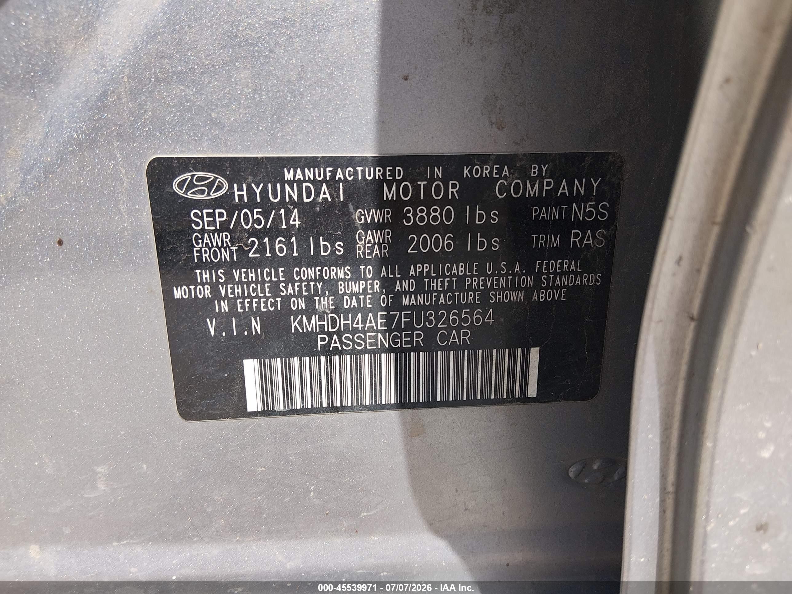 2015 Hyundai Elantra Se Gray vin: KMHDH4AE7FU326564