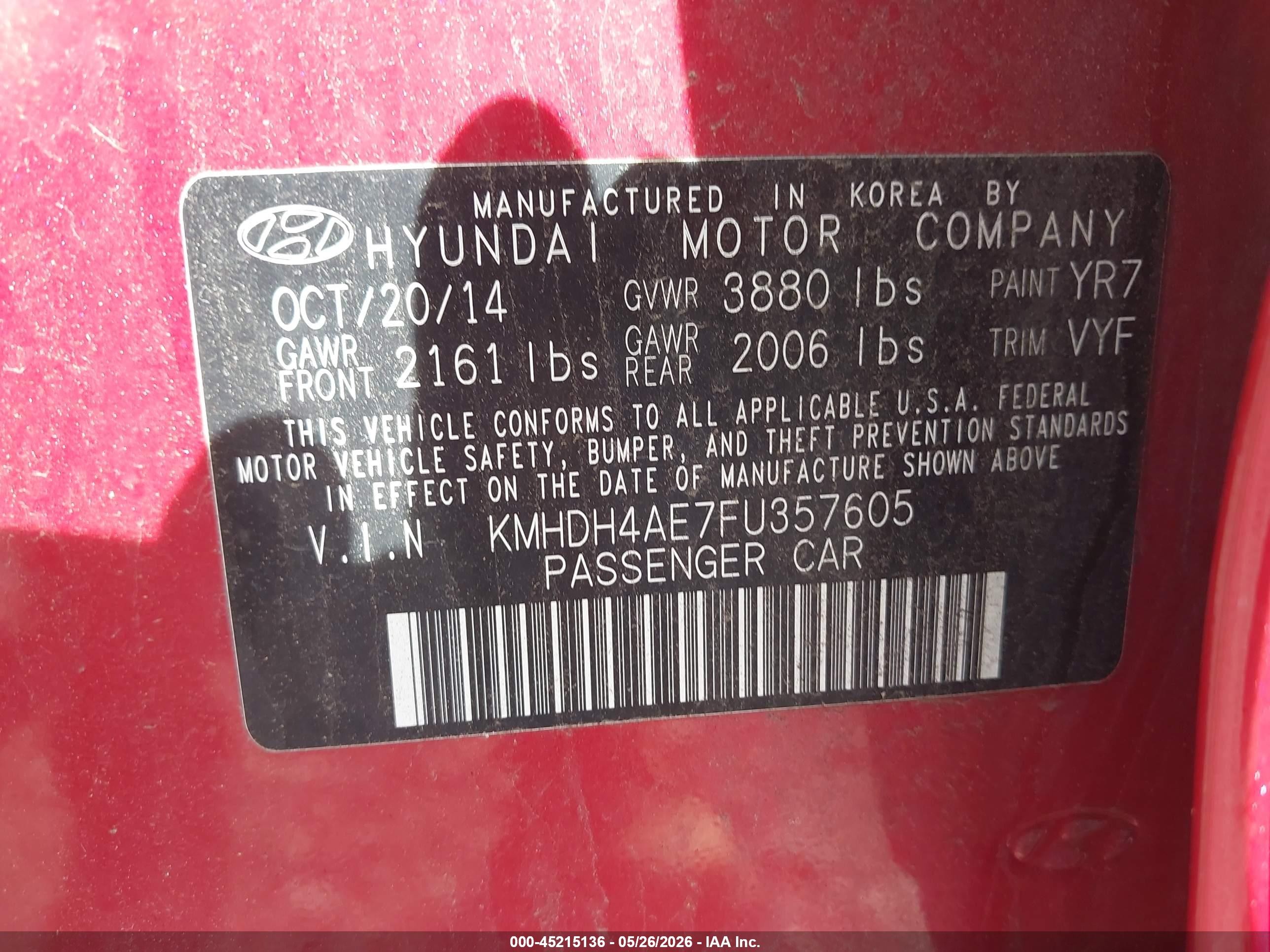 2015 Hyundai Elantra Se Red vin: KMHDH4AE7FU357605