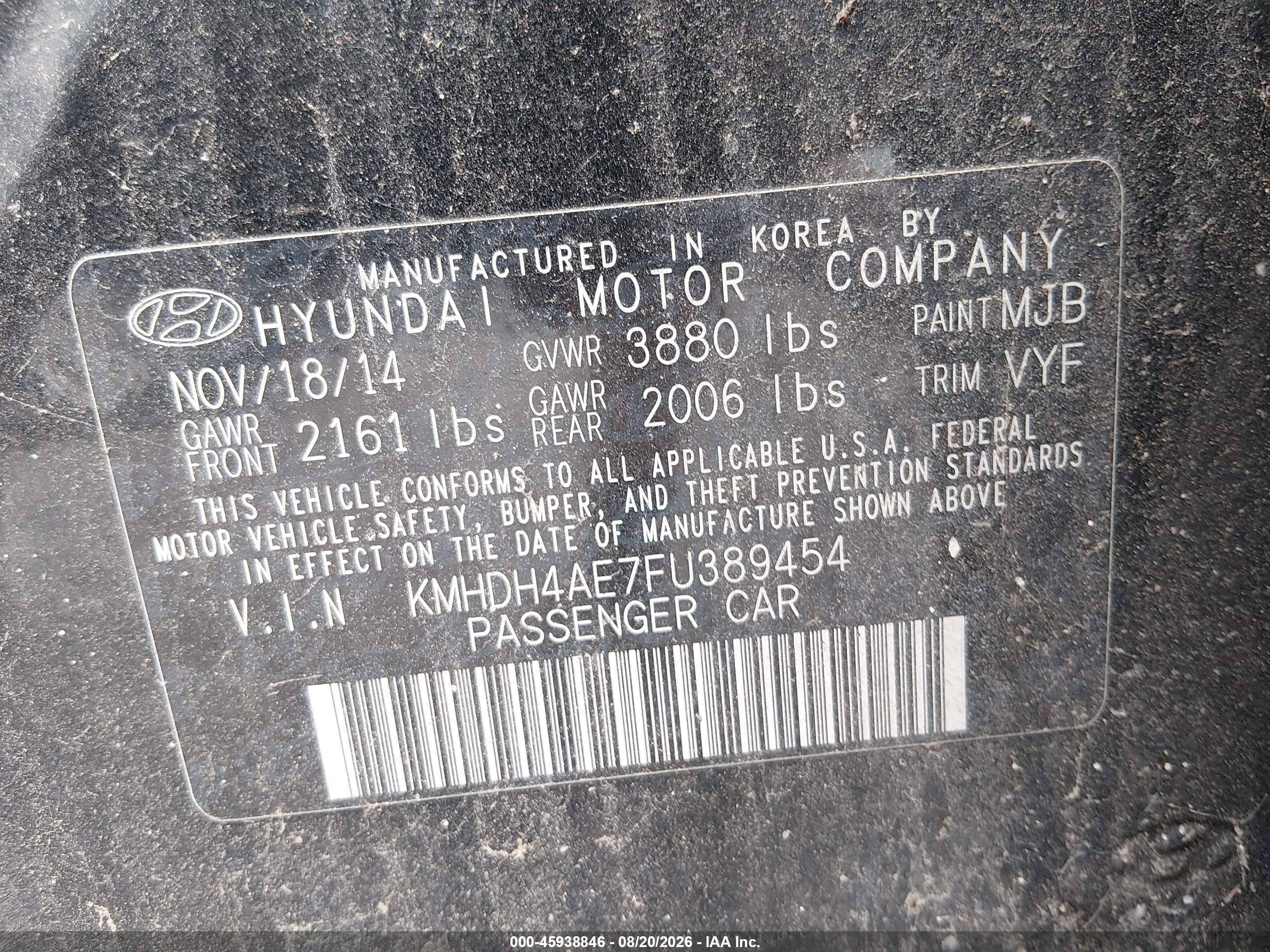 2015 Hyundai Elantra Se Black vin: KMHDH4AE7FU389454