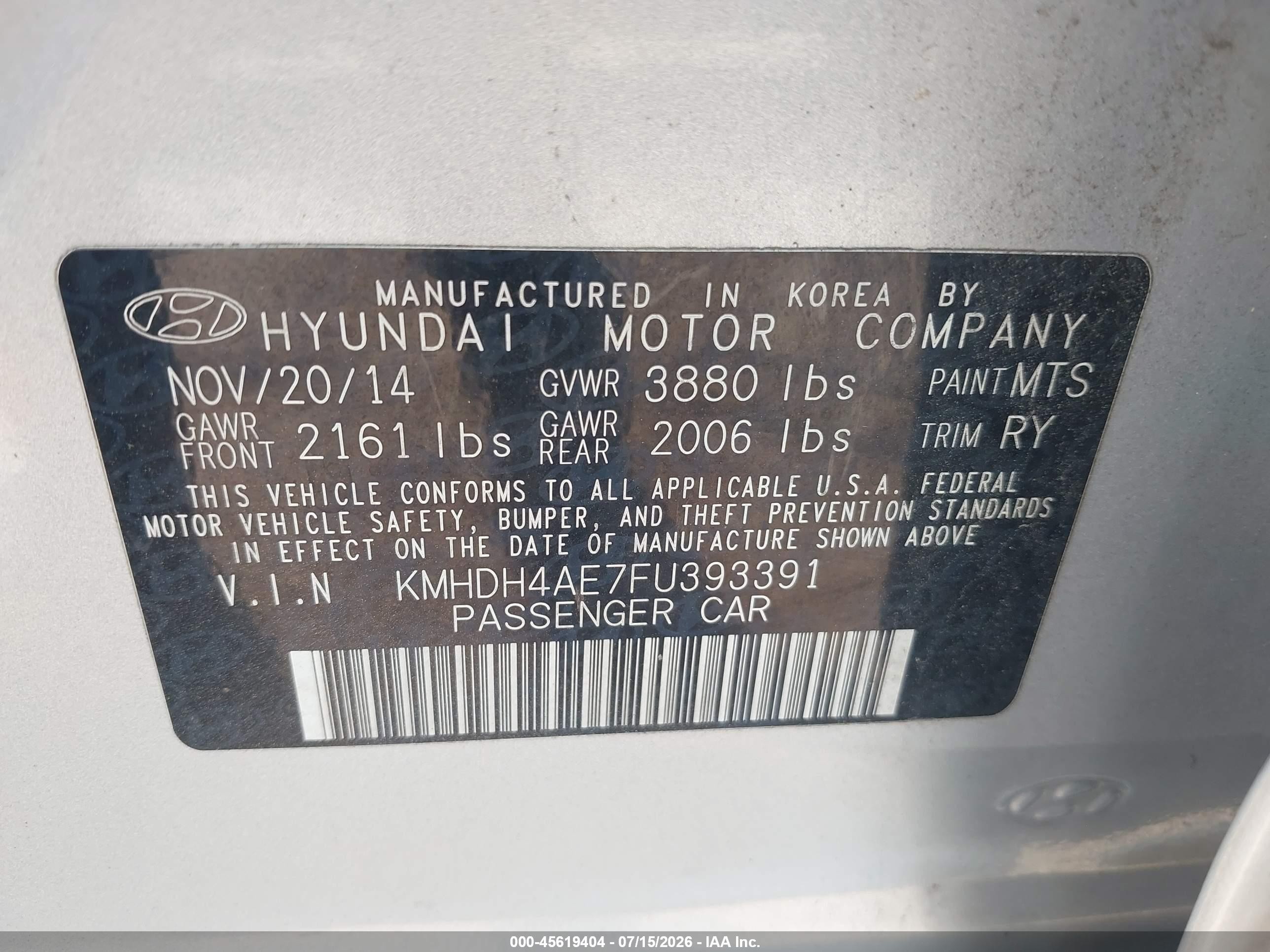 2015 Hyundai Elantra Se Silver vin: KMHDH4AE7FU393391